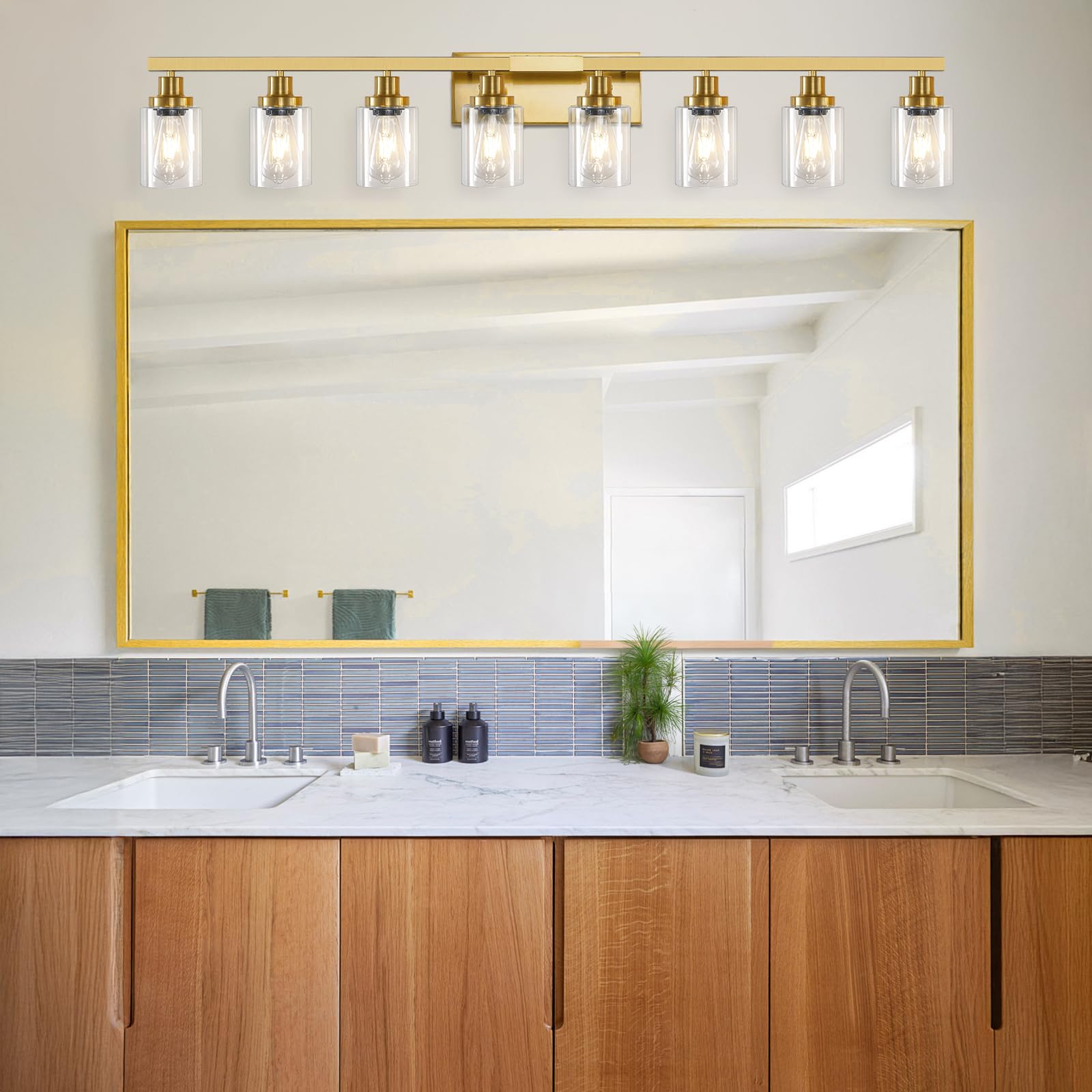 DIKAIDA 8-Light Gold Vanity Lights - Modern Metal Bathroom Wall Lighting, 52in for Bedroom & Living Room, Model JS-8