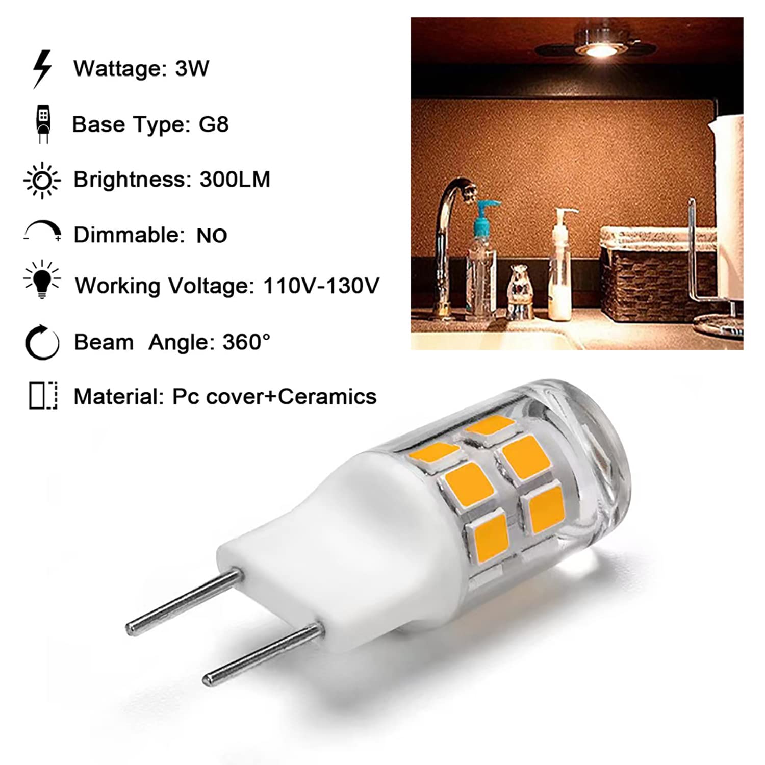 Ssqy G8/Gy8.6 Led Light Bulb 3 Watts Warm White - G8 Base Bi-Pin Xenon Jcd Type Led 120V 20W Halogen Replacement Bulb,Under-Cabi