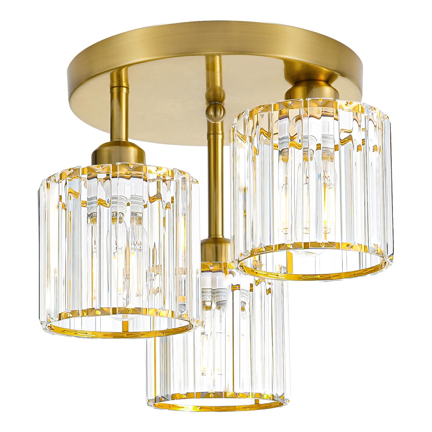 Modern Semi Flush Mount Ceiling Light, 3-Light Crystal Close to Ceiling Light Fixtures, Gold Kitchen Light Fixtures with Clear C