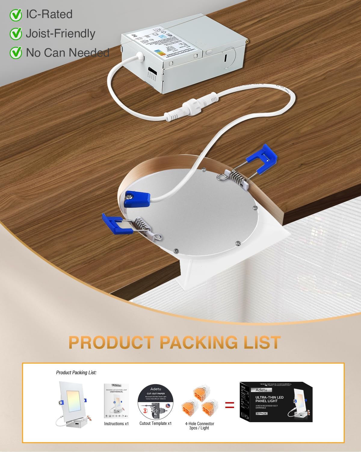 Adetu 4 Inch Square Led Recessed Lighting,6 Pack 5Cct Ultra Thin Square Led Ceiling Light With Junction Box,10W 860Lm,Cri90,2700K-5000K Selectable,Dimmable Canless Downlight,Etl And Energy Star