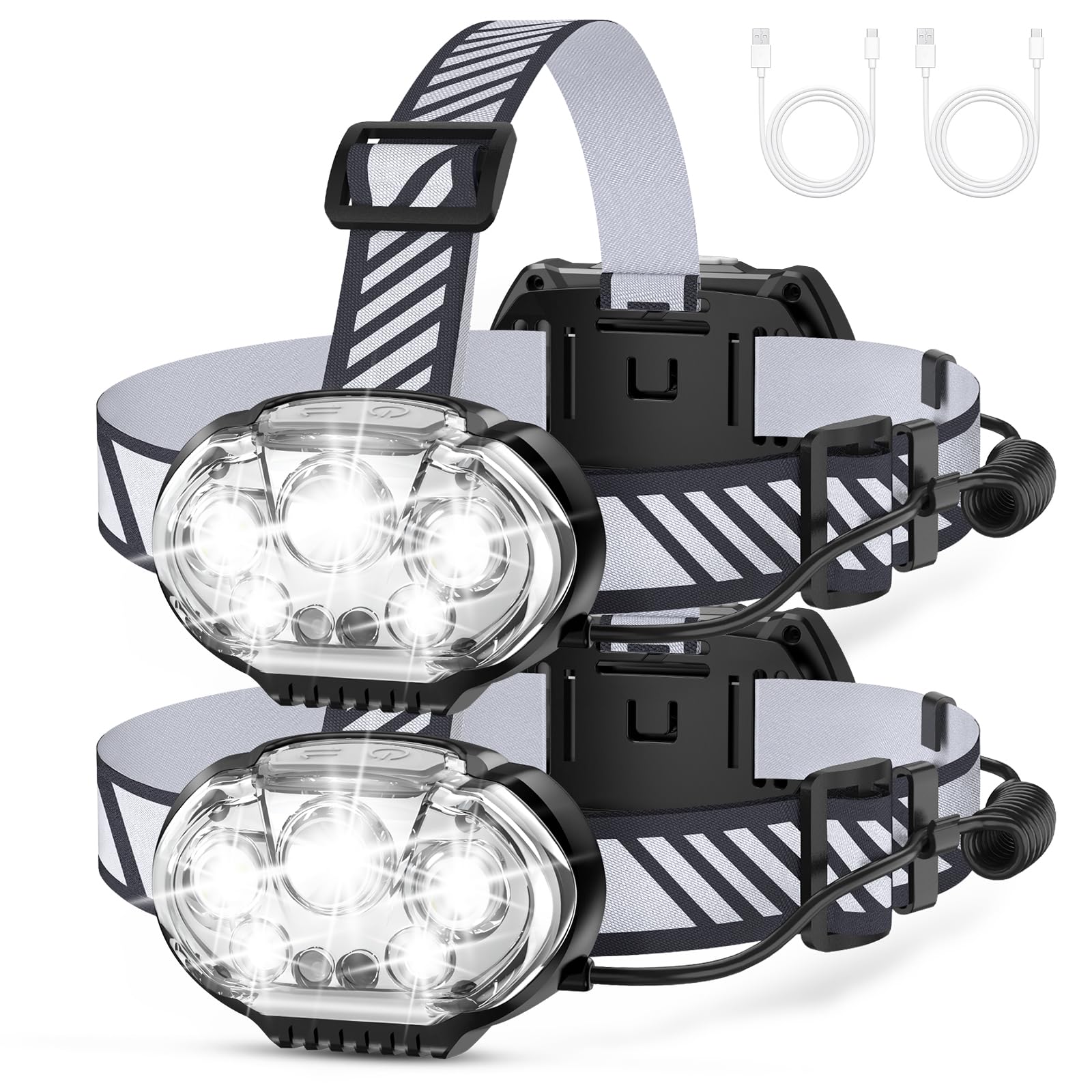 MIOISY Rechargeable Headlamp, High Lumen 5 LED Head Lamp with Red White Light,IPX4 Waterproof Headlight,8 Mode Head Flashlight f