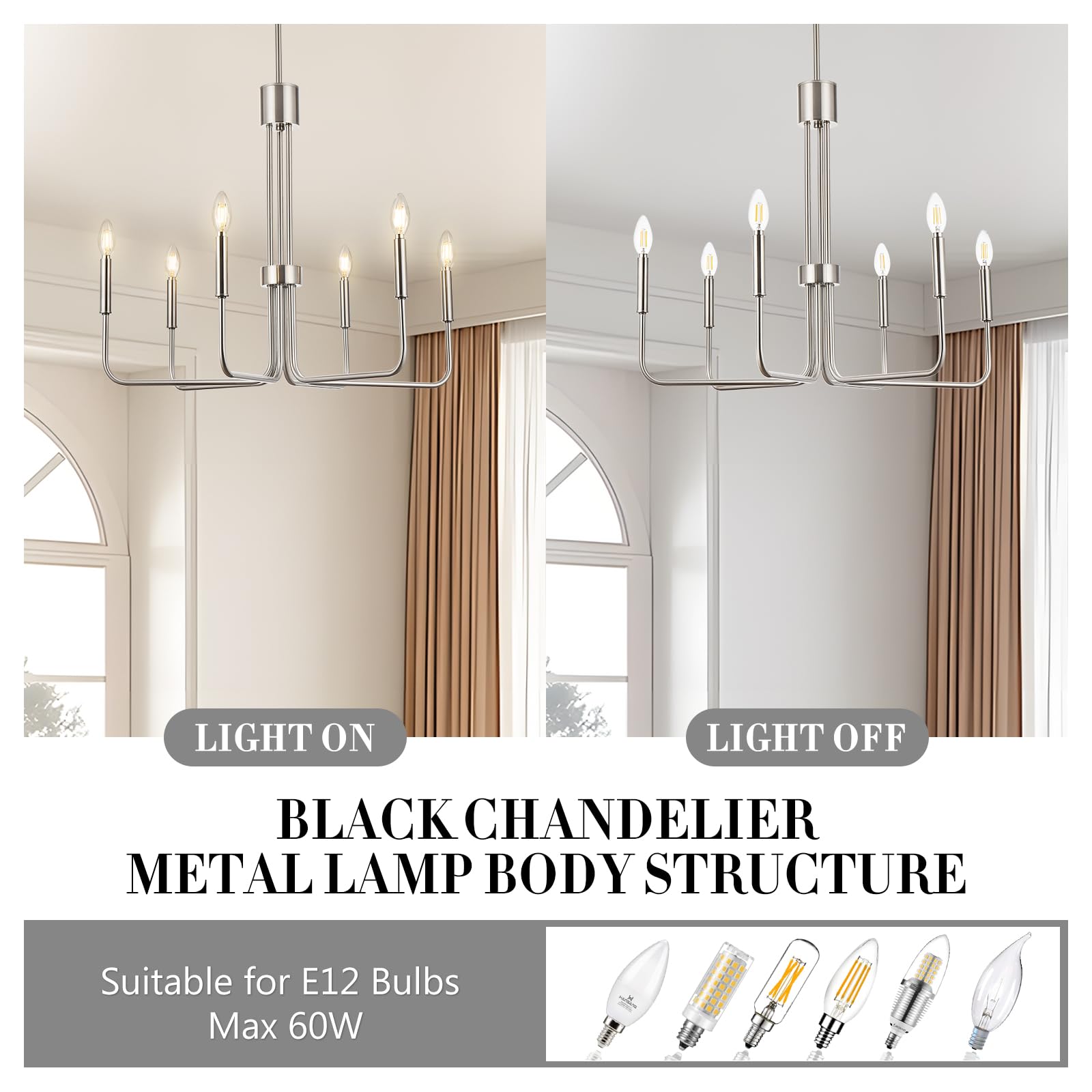 Brushed Nickel Chandelier, 6 Lights Farmhouse Dining Room Light Fixture, Chrome Metal Candle Chandelier, 28 Inch Pendant Ceiling