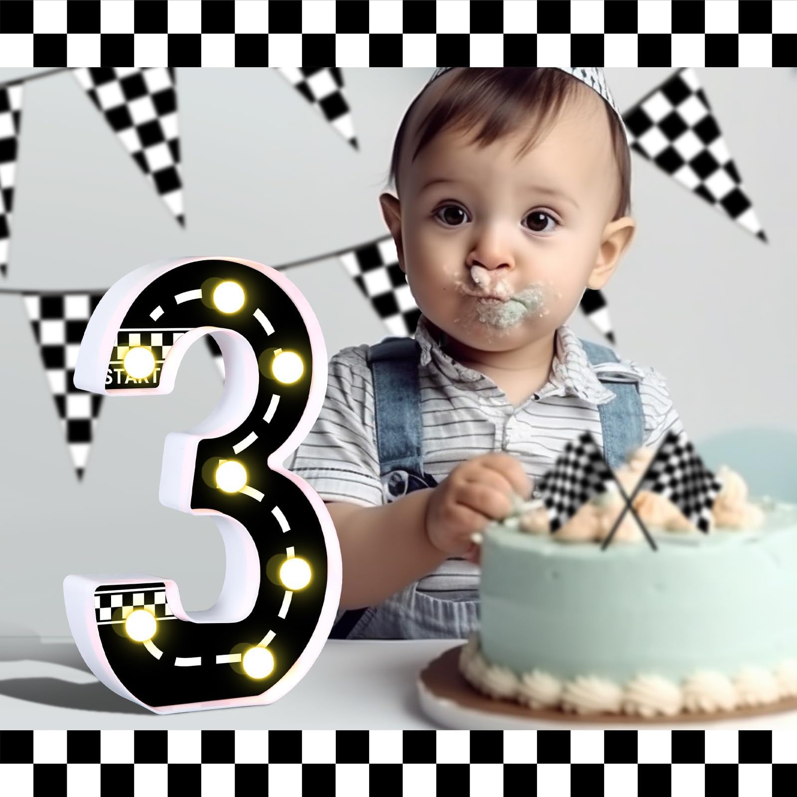 AXBMM Racing Car Light Up Sign - Checkered Birthday Decorations, Number 3, PP Plastic, White/Black, Model XY-300
