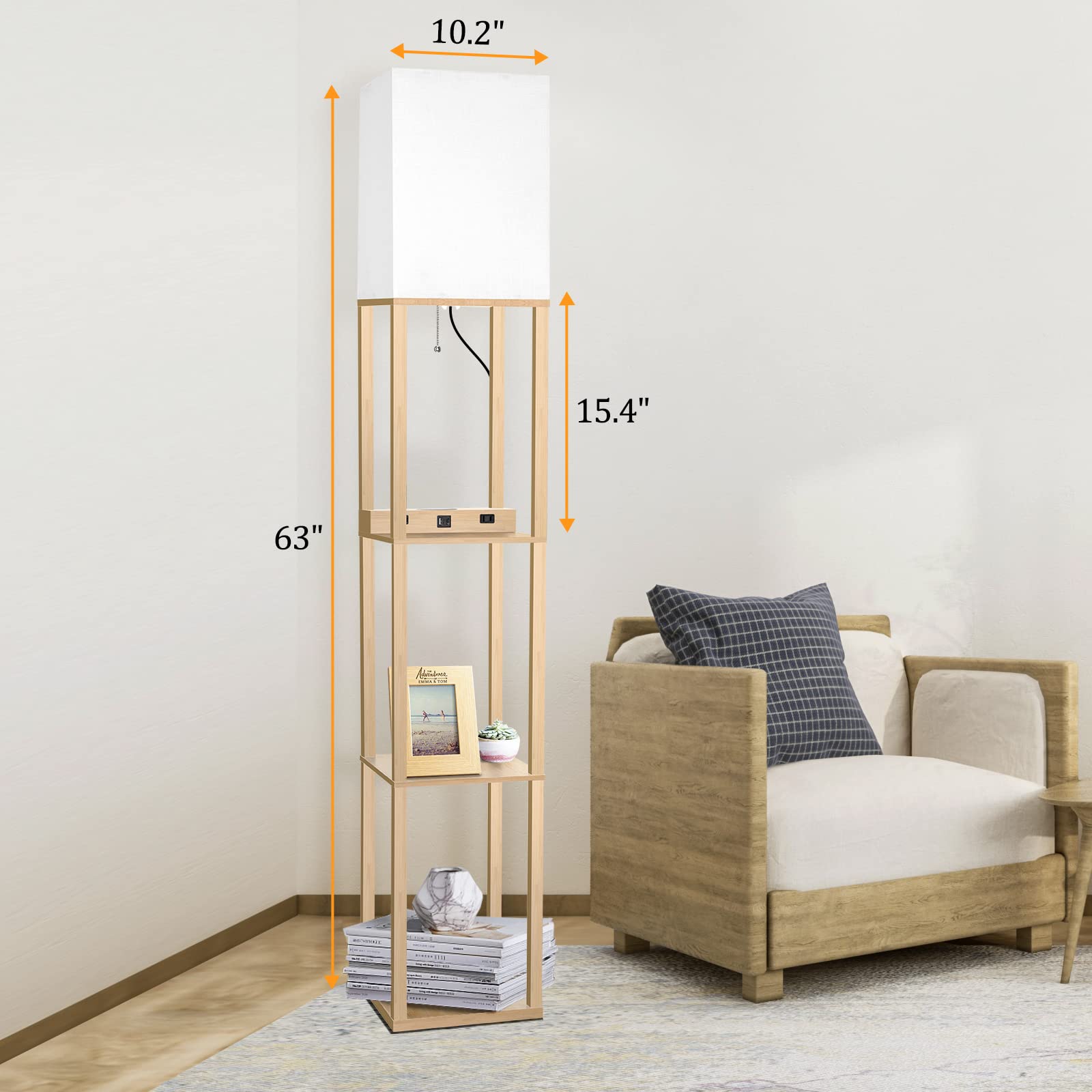 Dott Arts Floor Lamp with Shelves, Wireless Charger & USB Ports, 10.2in Wide, Burlywood, Model WLM1600-FLA-8W-07