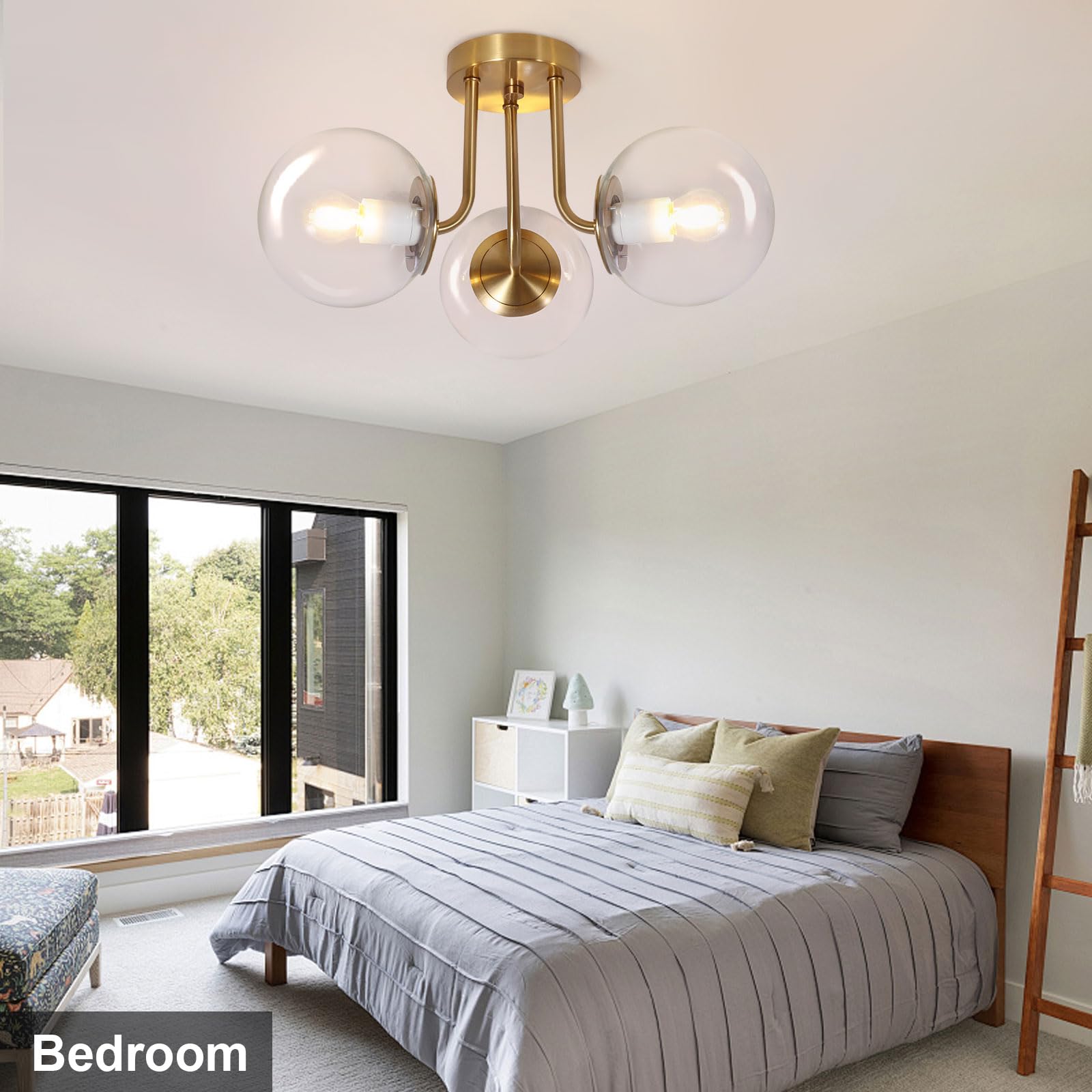 Bektas 3-Lights Semi Flush Mount Ceiling Light Fixture Brushed Gold Light Fixture Bend Modeling With Transparent Glass Shade For