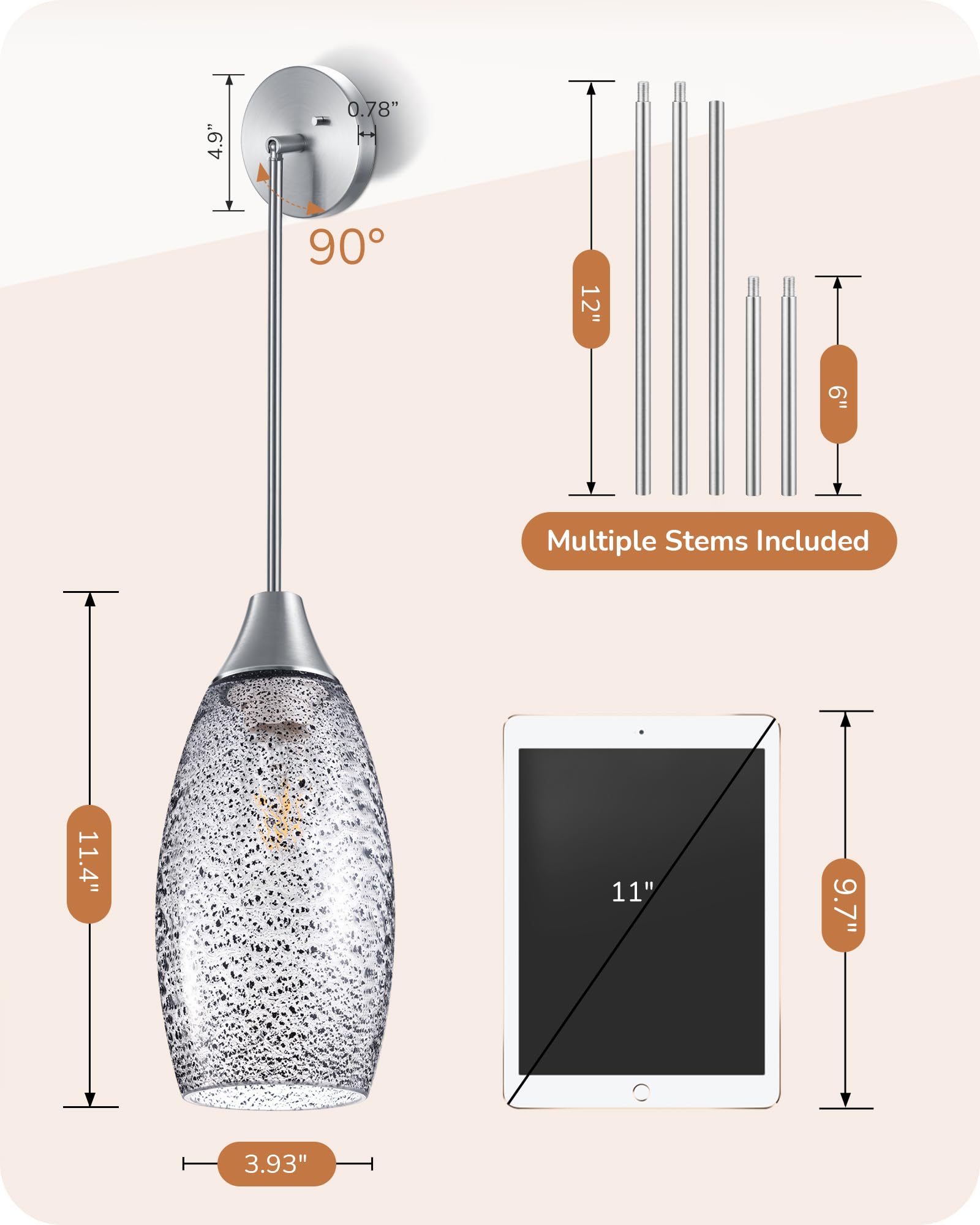 Edishine Pendant Light Fixture, Handcrafted Art Glass Hanging Light, Hardwired Ceiling Light With Grey Seed Glass Shade, Adjusta