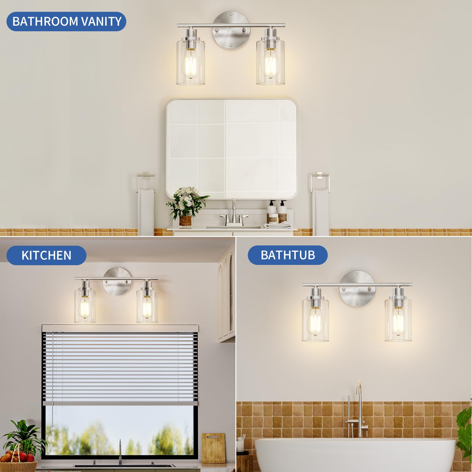 GORDNWE Bathroom Vanity Light Fixture, 2-Light Brushed Nickel, Metal Sconce, E26 Bulb Base, Modern Design for Mirror and Hallway