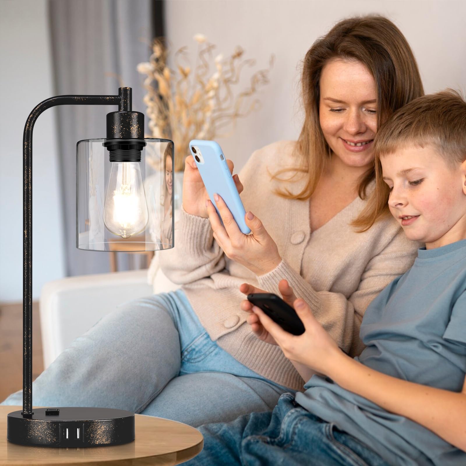 Industrial Touch Table Lamps Set Of 2 - Rustic Black Bedside Lamps With 2 Usb Ports & Ac Outlet, 3-Way Dimmable Nightstand Desk