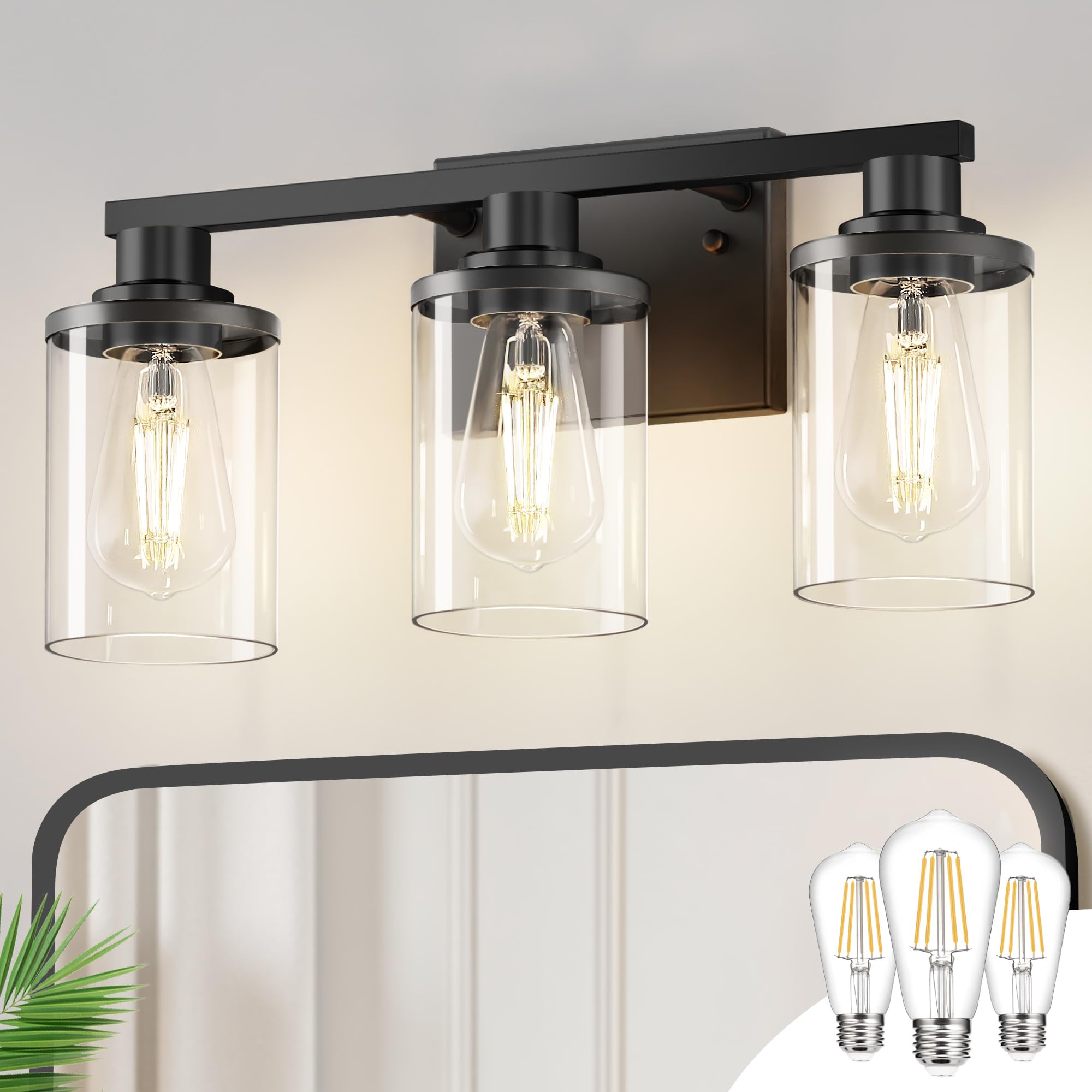 Doresshop 17 Inch Bathroom Light Fixtures  3-Light Black Bathroom Lighting Fixtures Over Mirror With Glass Shade  Modern Vanity Lights For Hallway Bedroom  Includes Bulbs
