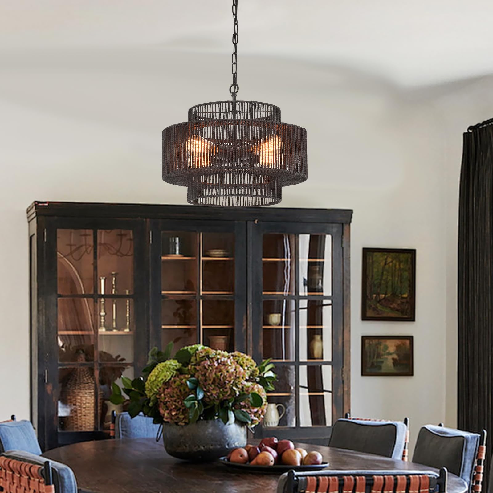 Widluth 17.7&quot; Rattan Chandelier Light Fixture Vintage 4-Lights Farmhouse Boho Hand-Woven Bamboo Chandelier Retro 3-Tier Drum Wicker Rattan Black Chandelier For Dining Room, Kitchen, Bedroom