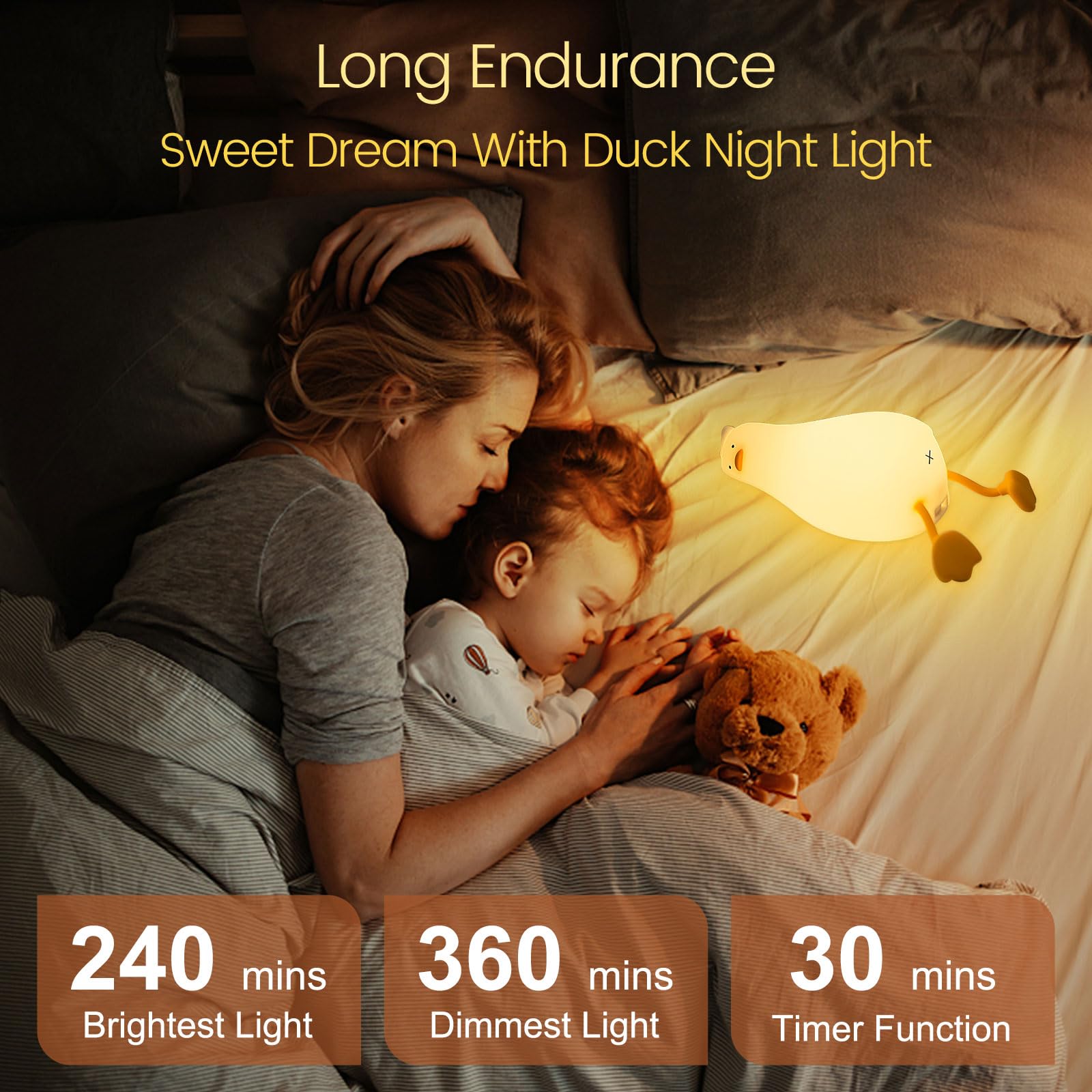 Famiduo Cute Lying Flat Duck Night Light, Led Lazy Duck Lamp Squishy, Extra Duckie Decor Gift, Dimmable Fun Ducky Lay Lamp, Duck Light Laying Down, Rechargeable Bedside Touch Soft Lamp For Kids Sleep