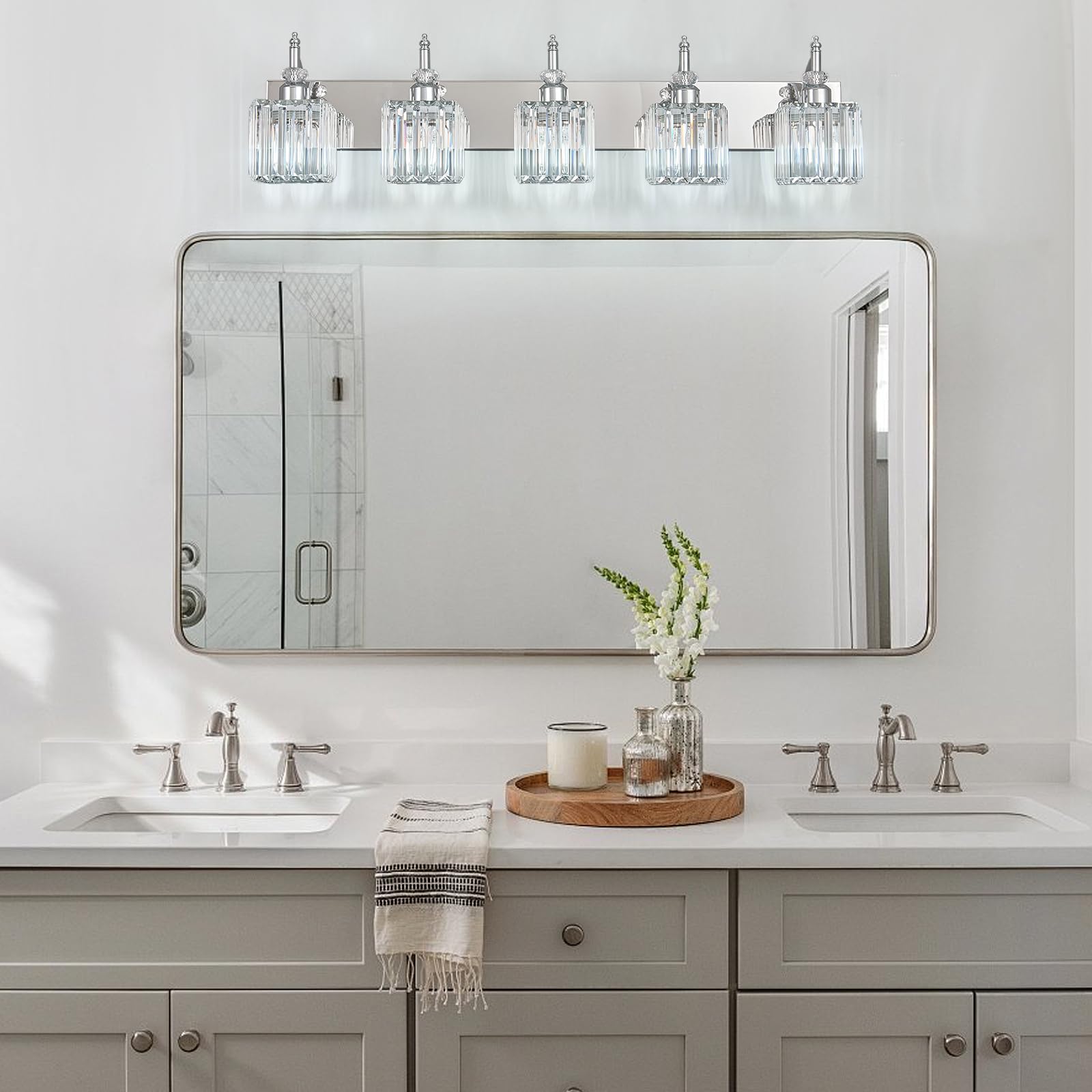 BBLLWJ Crystal Vanity Light Fixtures, 5-Light Modern Bathroom Lighting, Chrome Finish, Model 655