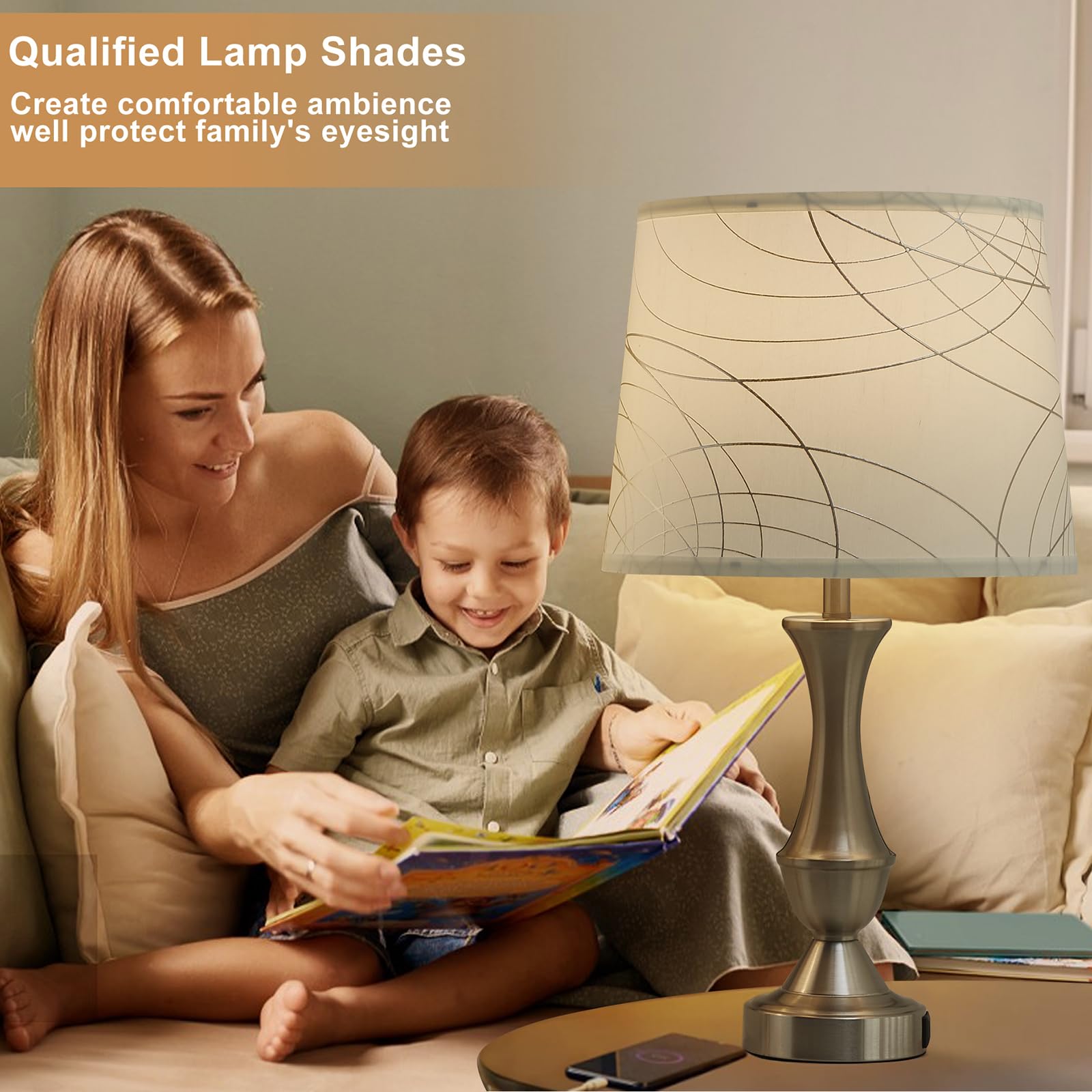 White Lampshades Set Of 2 For Table Floor Lamp, Lampshades With With Line Design, 12.7'' Top X 12.7'' Bottom X 10'' High, Natura