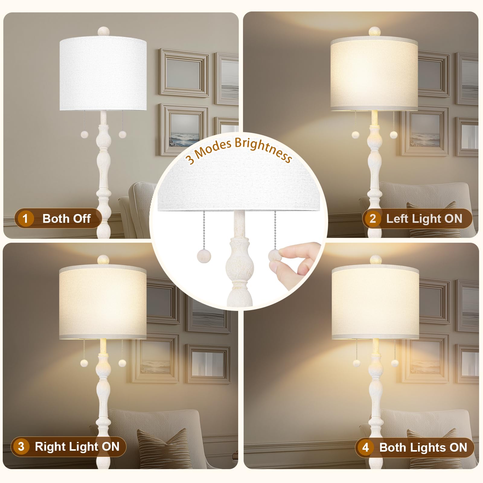 Scenekoy 65.5” Wood Floor Lamp - Washed White, Dual Socket, Pull Chains, Linen Shade, Model ZL012-WH, Ideal for Living Room & Bedroom