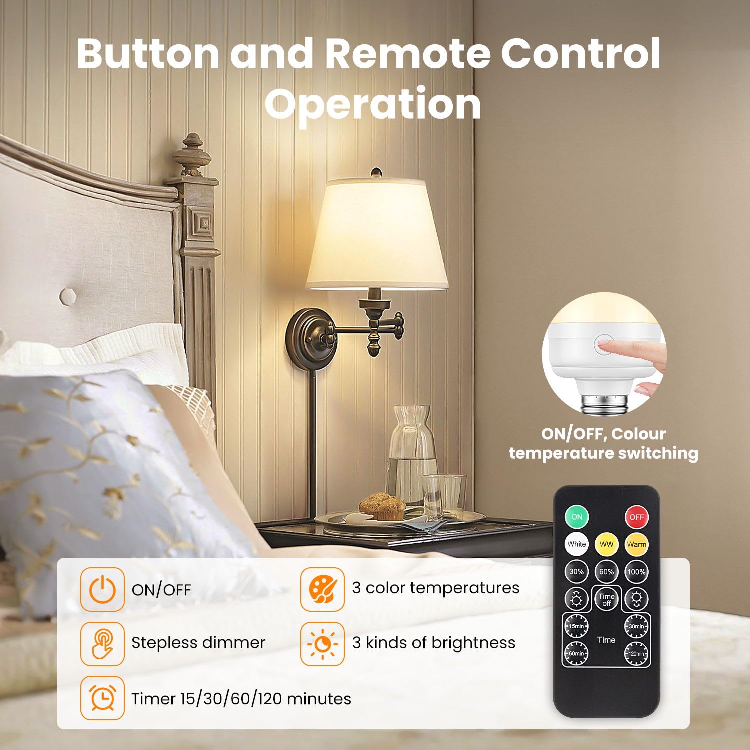 LGMCF Rechargeable Light Bulbs with Remote Control, 3 Color Temperature Options, E26, Model HJA60, Battery Operated