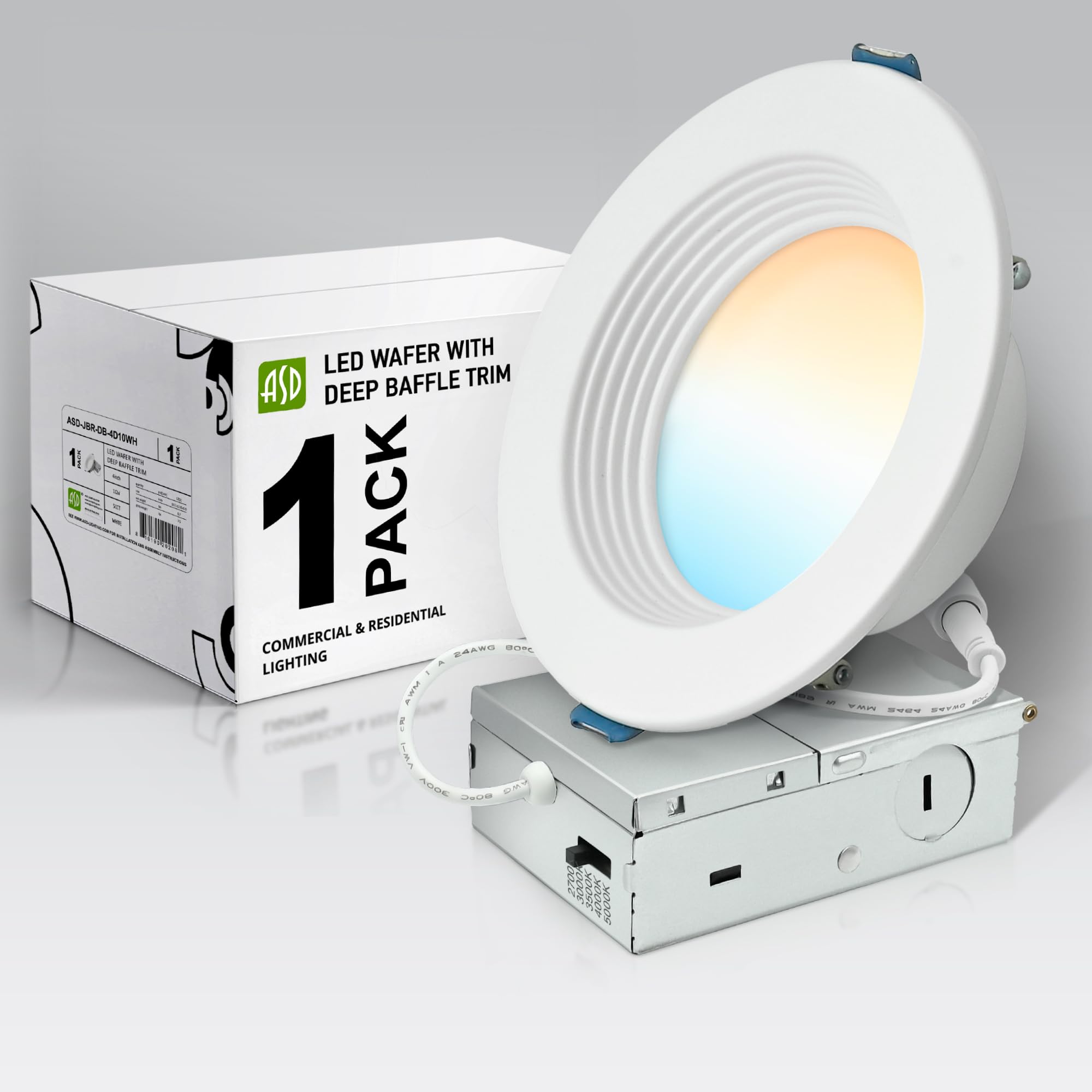 ASD 1 Pack Deep Regressed Baffle Trim Recessed Light, LED Wafer Lights 4 Inch 10W 889LM, 5CCT 2700K-5000K CRI90+, Dimmable Downl