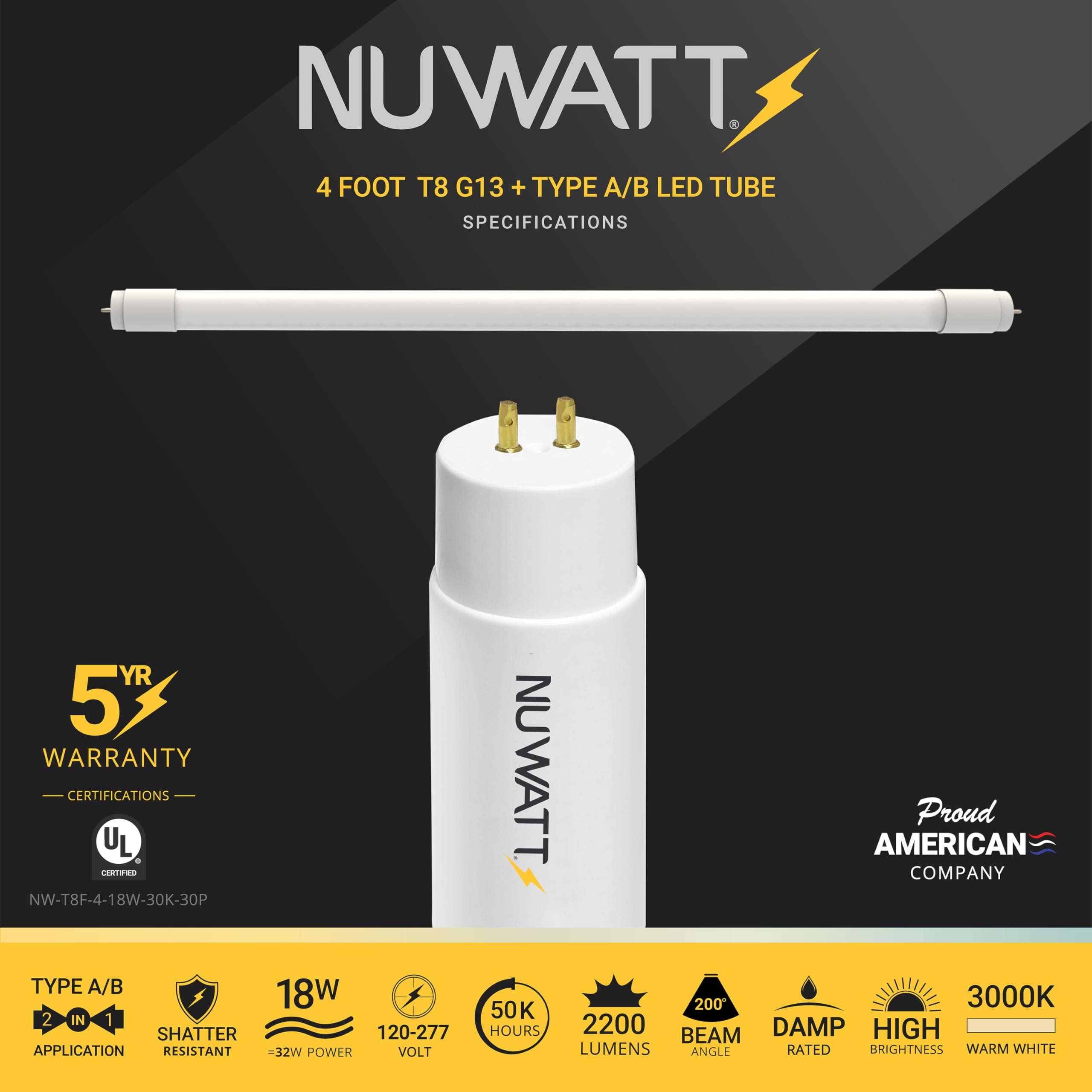 Nuwatt 30 Pack 4 Ft Led T8 Tube Light, T10 T12 Hybrid Type A+B, 3000K Warm White, 18W, High Brightness 2,200 Lumens, Plug & Play