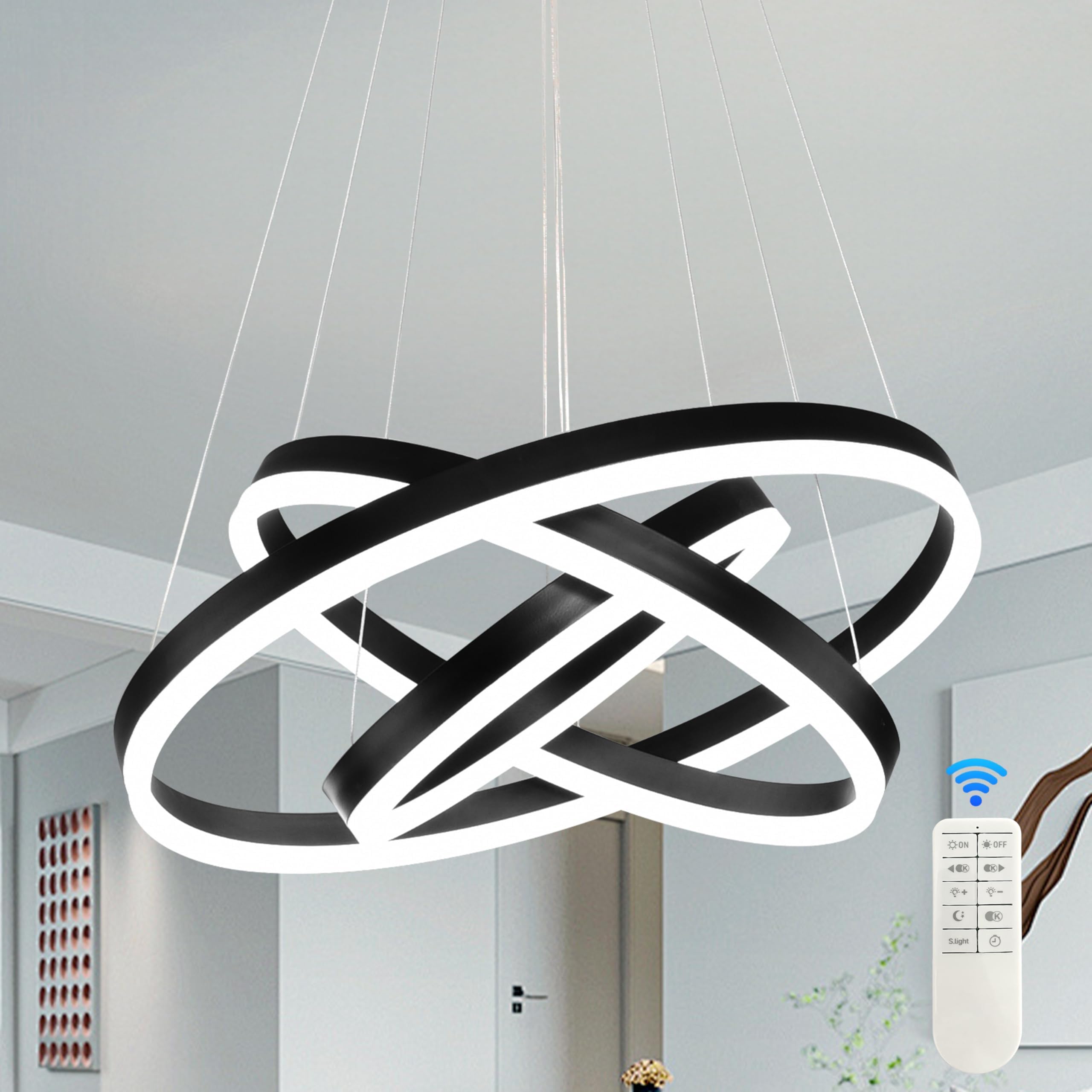 Mccokaige Modern Led Chandelier 3 Rings Black Pendant Lights Dimmable Chandeliers Color Temperature Height Adjustable Black Chan