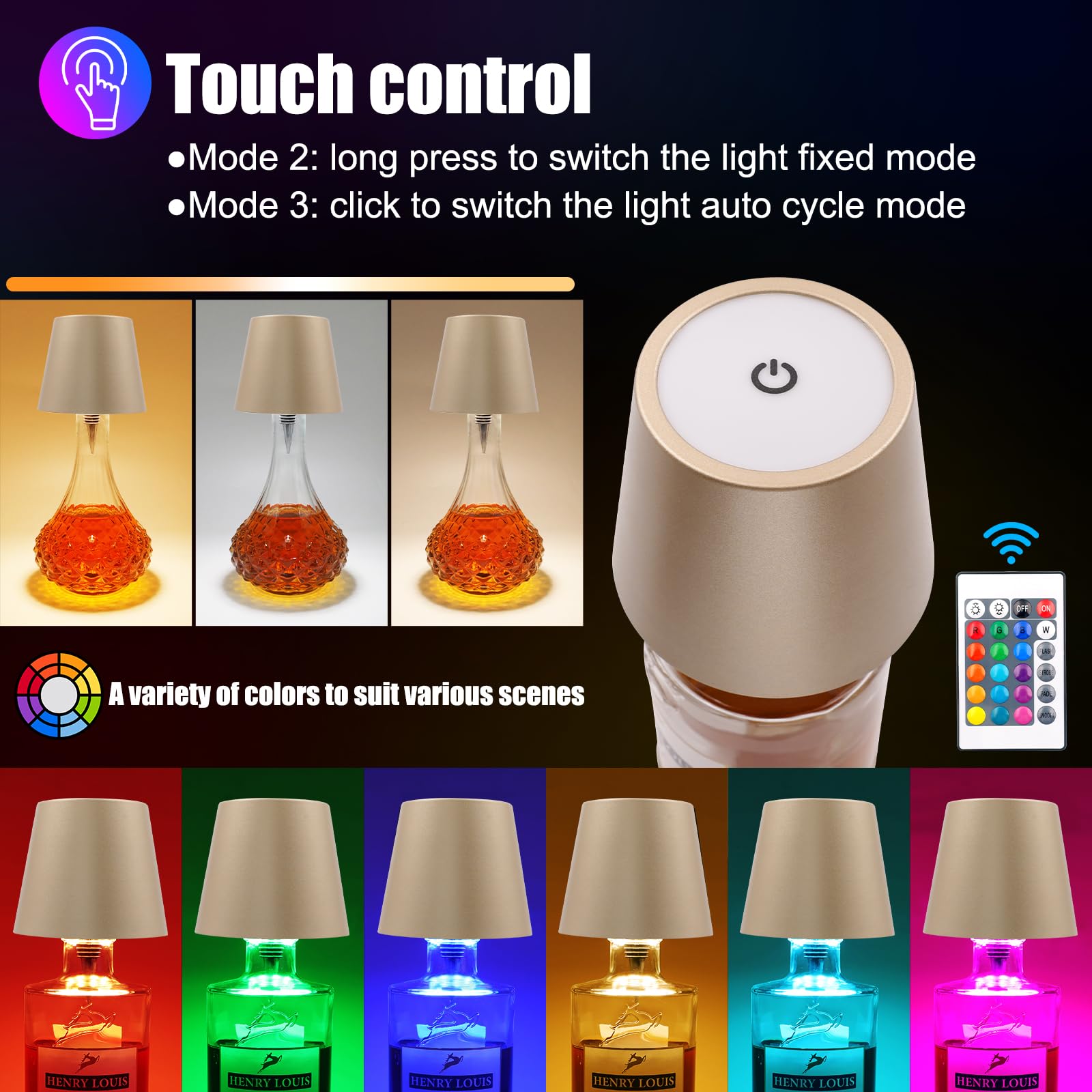Wireless Bottle Lamp With Remote Control  Rechargeable Rgb Wine Bottle With 3Modes Light Dimming  Waterproof Touch Lamp Head For Room  Bar  Restaurant And Party Decorations(Gold Rgb)