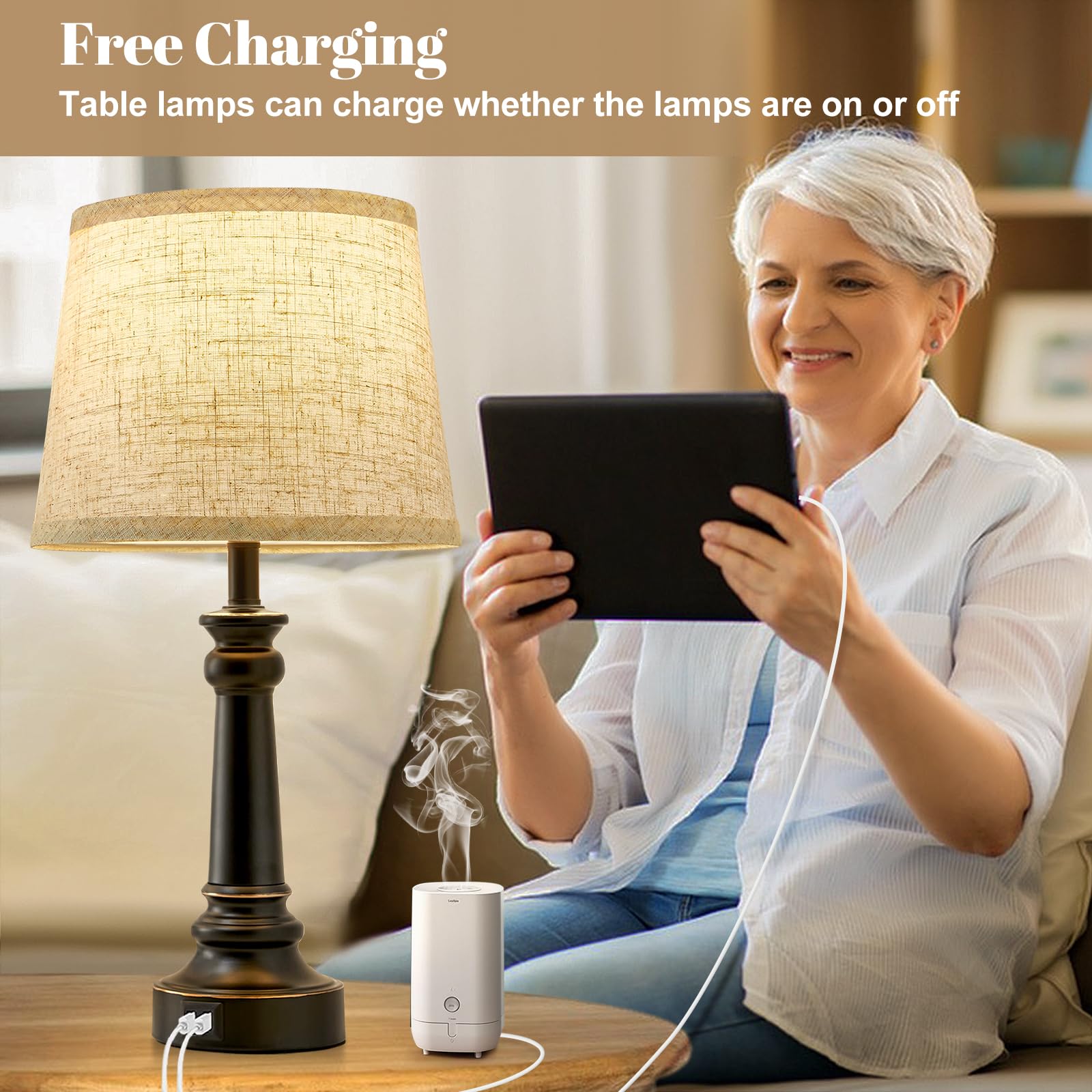 Ejiaxin Touch Lamps For Nightstand Set Of 2 - Black Table Lamp For Bedroom 3 Way Dimmable Bedside Lamp With Usb C+A Ports - Lamp