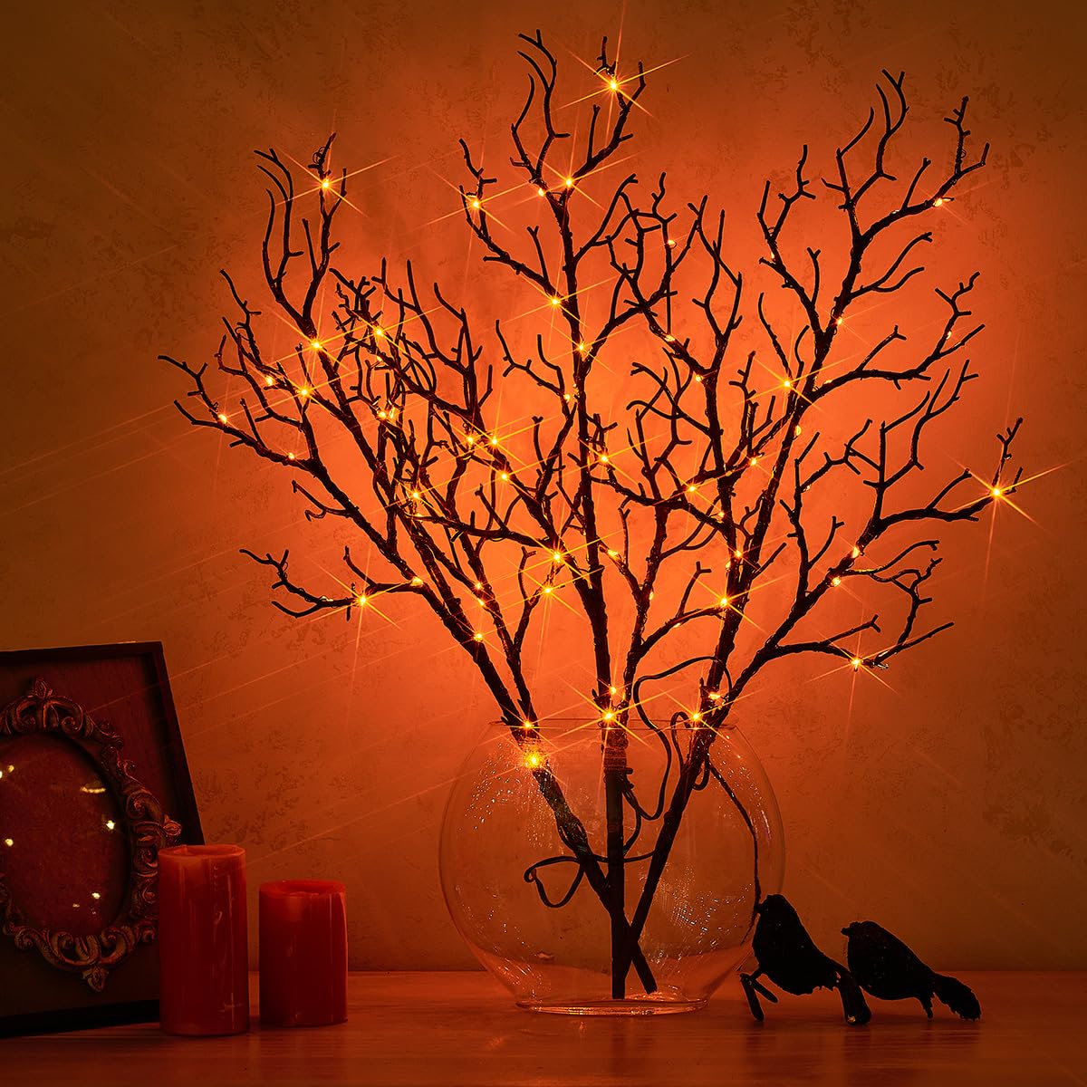 Fudios Lighted Halloween Branches with Timer Orange Fairy Lights 21IN 75L,Battery Operated Black Twig Branch Lights Indoor Outdoor Use for Halloween Party Decoration