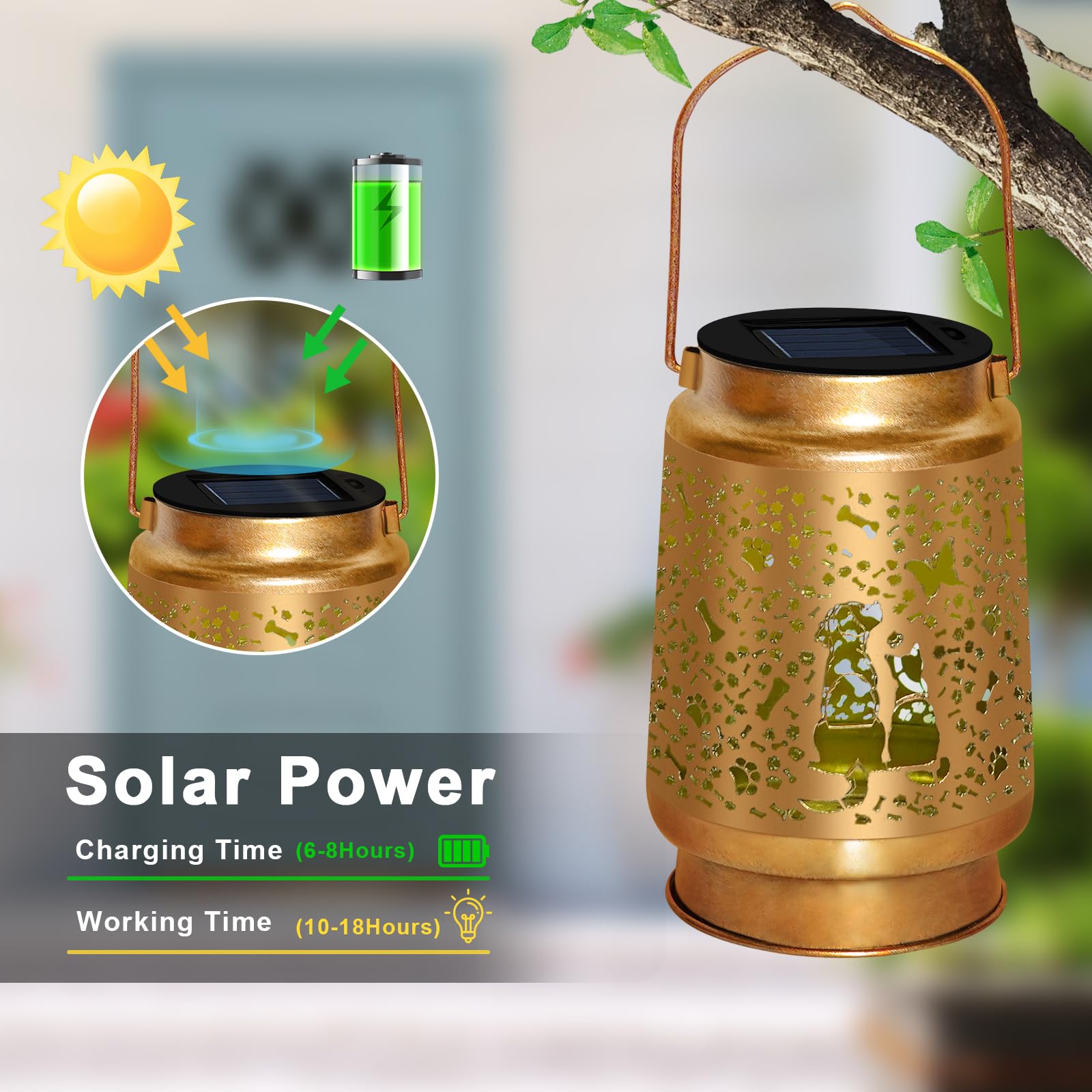 Cat & Dog Solar Lantern Outdoor, Yeuago Waterproof Garden Lights With Paw Prints - Memorial Gifts For Pet Lovers, Christmas Deco