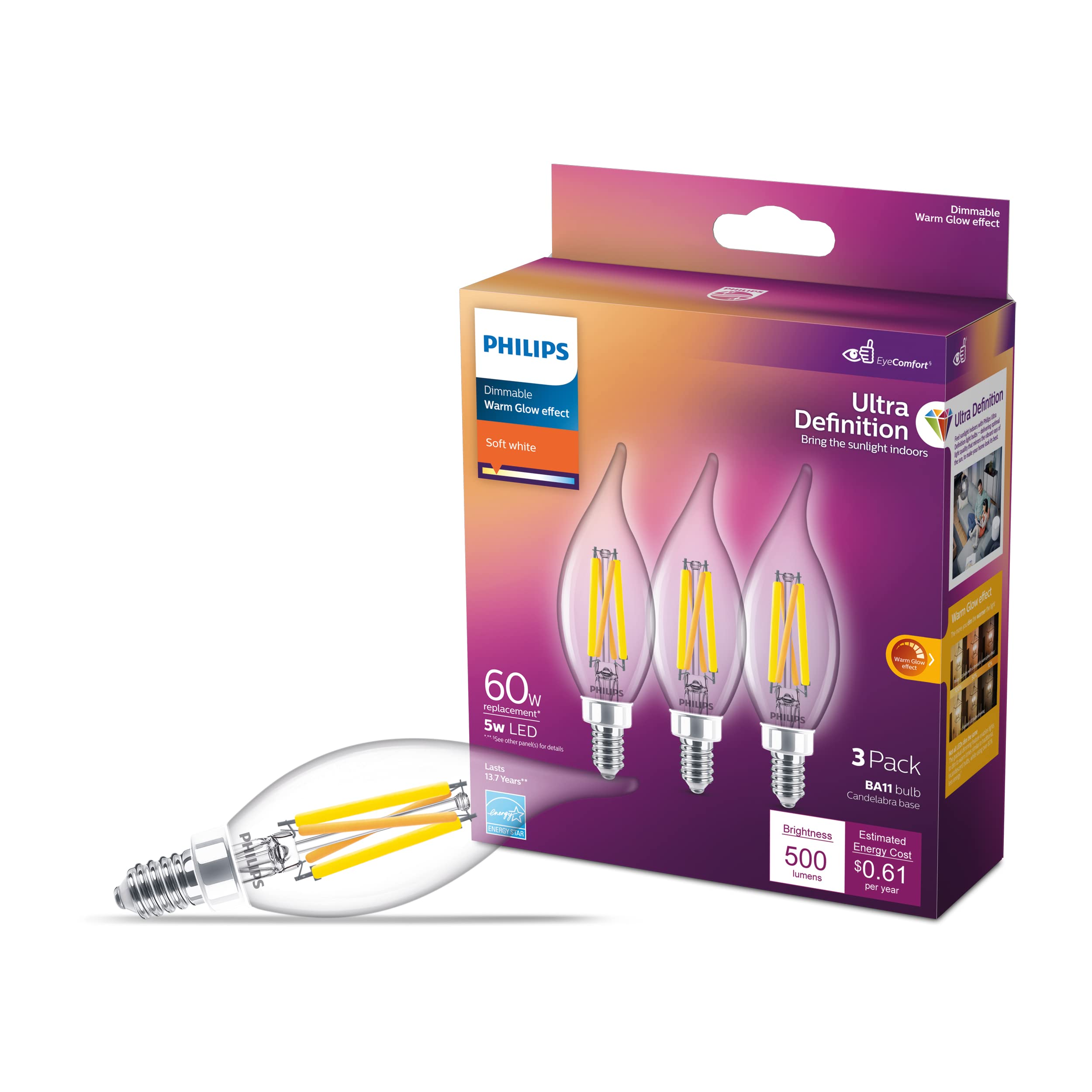 Philips LED BA11 Candelabra Light Bulbs, Soft White 2700K, 500 Lumen, E12 Base, 3 Pack, Glass