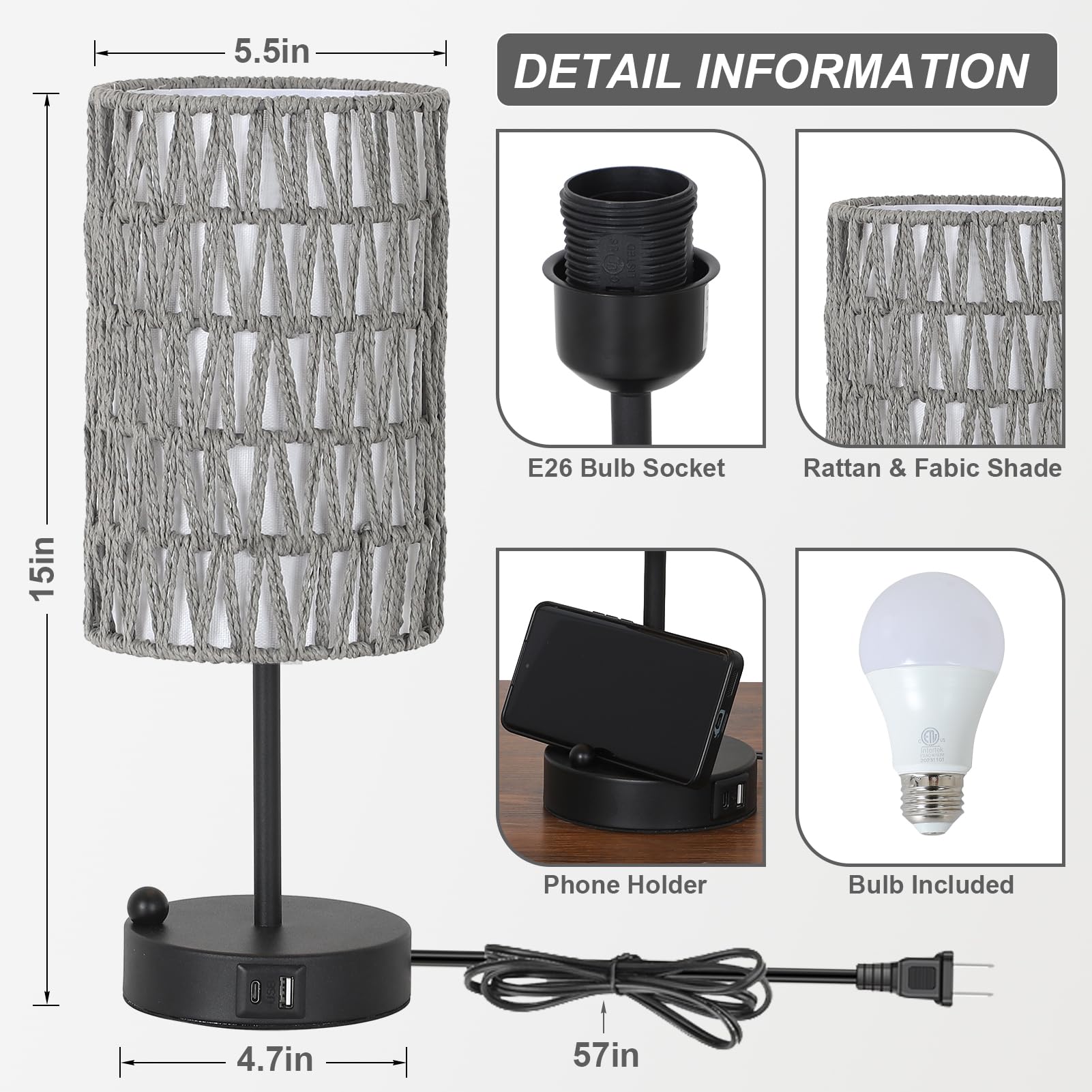 Touch Bedside Lamp For Bedroom With Bulb, Grey Boho Small Table Lamp For Living Room With Rattan & Linen Shade, 3 Way Dimmable T