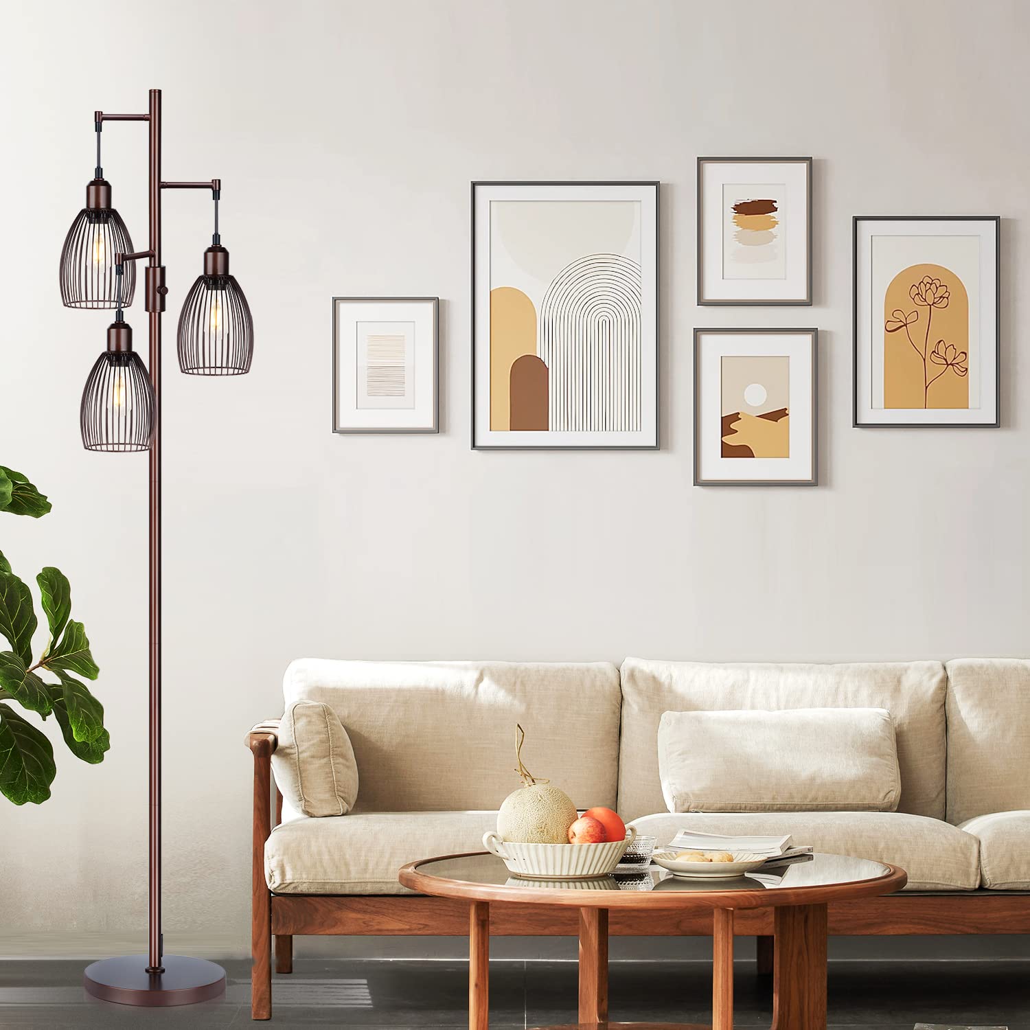 Dimmable Floor Lamp, Industrial Floor Lamps For Living Room, Brown Tree Lamp Standing Lamp Tall Lamps With 3 Elegant Teardrop Ca