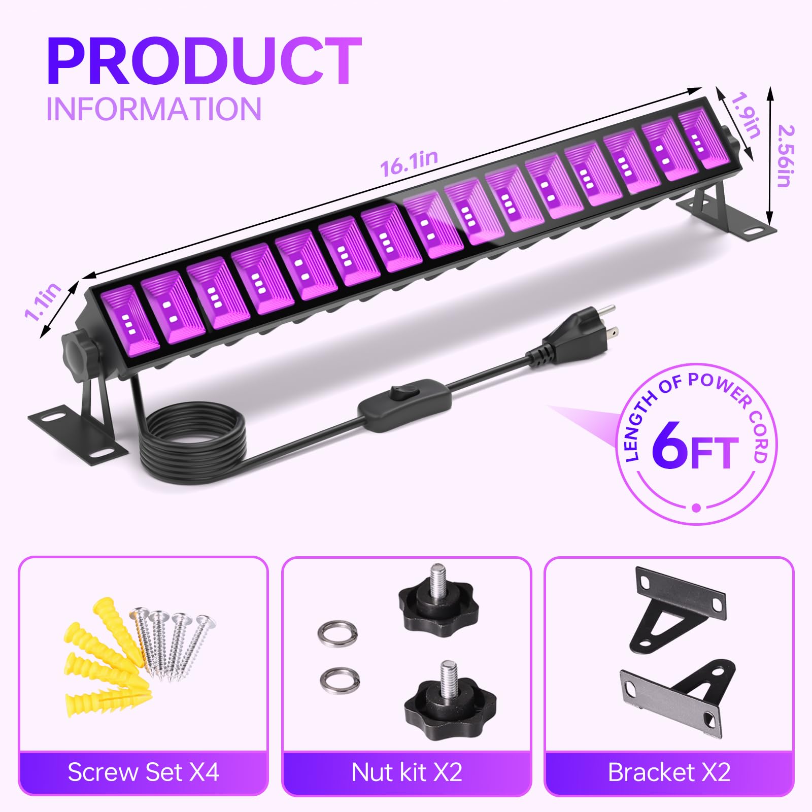 2 Pack Led Black Lights, Blacklight Bars With Plug+Switch+6Ft Cord, Light Up 24X24Ftx2, Ip66 Waterproof Blacklight For Glow Party, Fluorescent Poster, Body Paint, Halloween Decorations, Bedroom, Stage
