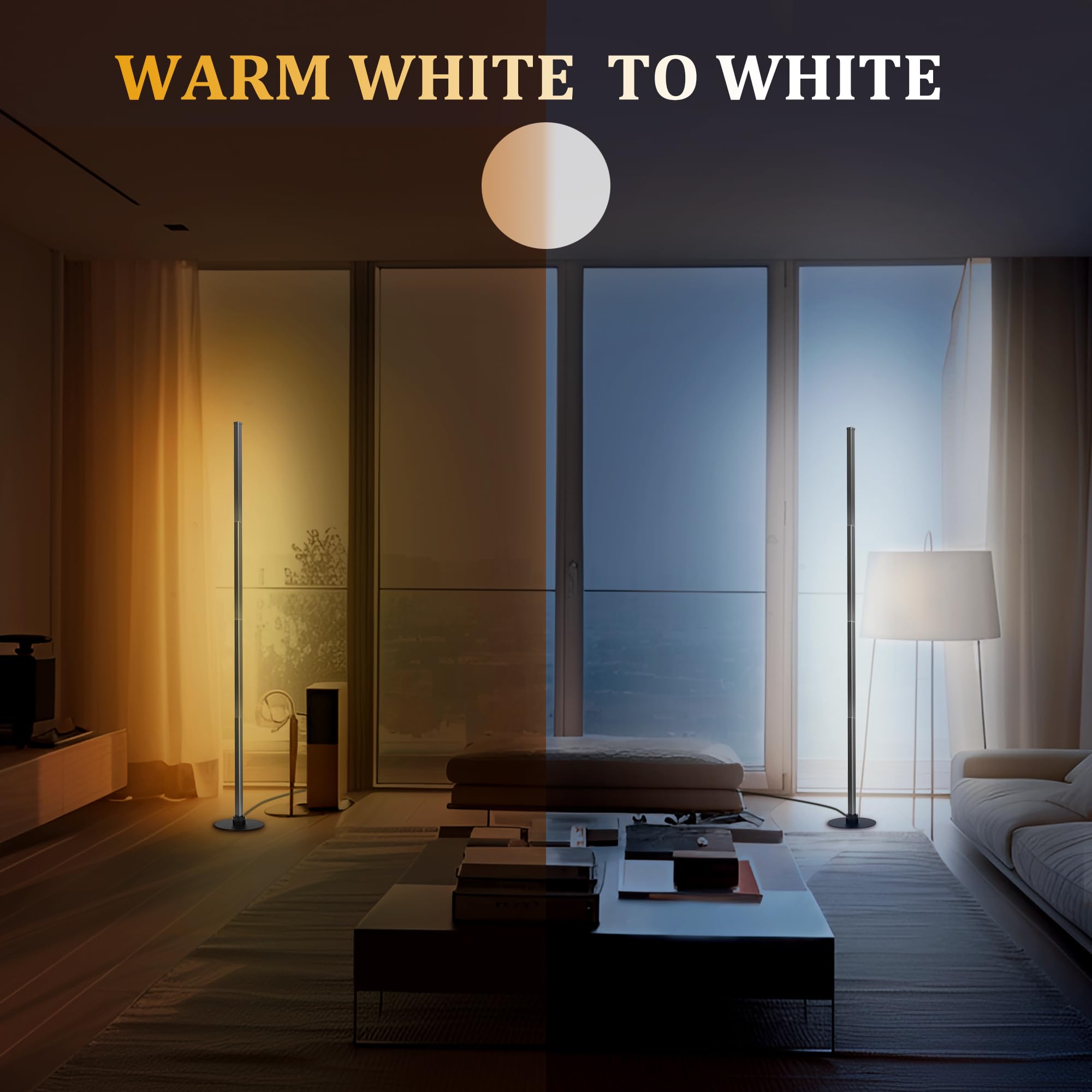 PMS 63 Modern Metal Floor Lamp, Warm to White Color Changing Standing Lamp, Stepless Dimmable Brightness Corner Lamp with APP &