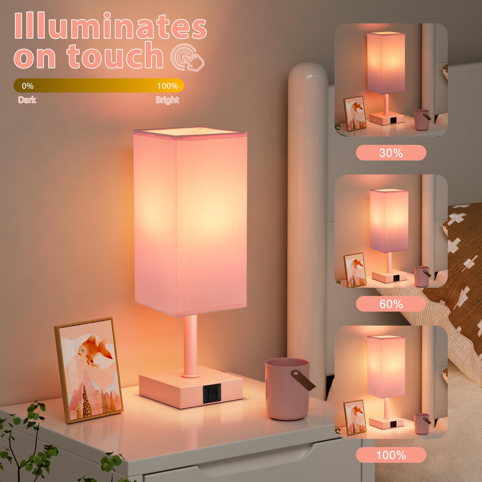 Ambimall Touch Control Table Lamp - USB A+C Ports, 13" Pink Fabric Nightstand Lamp, Model RPT-fang1-9, LED Bulb Included