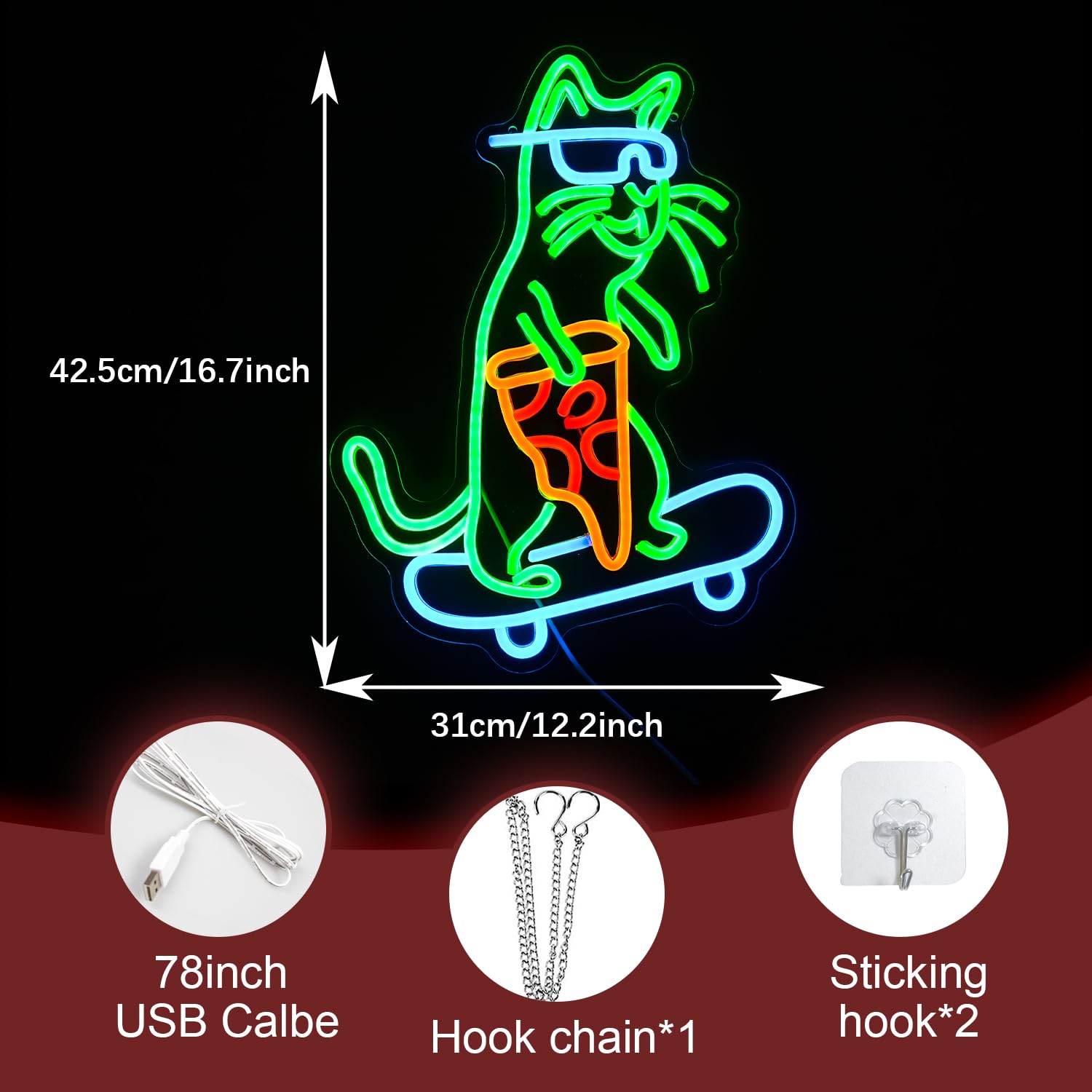 LIUOZHTEA Neon Cat Sign LED Wall Decor, Dimmable USB Light, 16.7inx12.2in, Acrylic, Green Blue Yellow Red