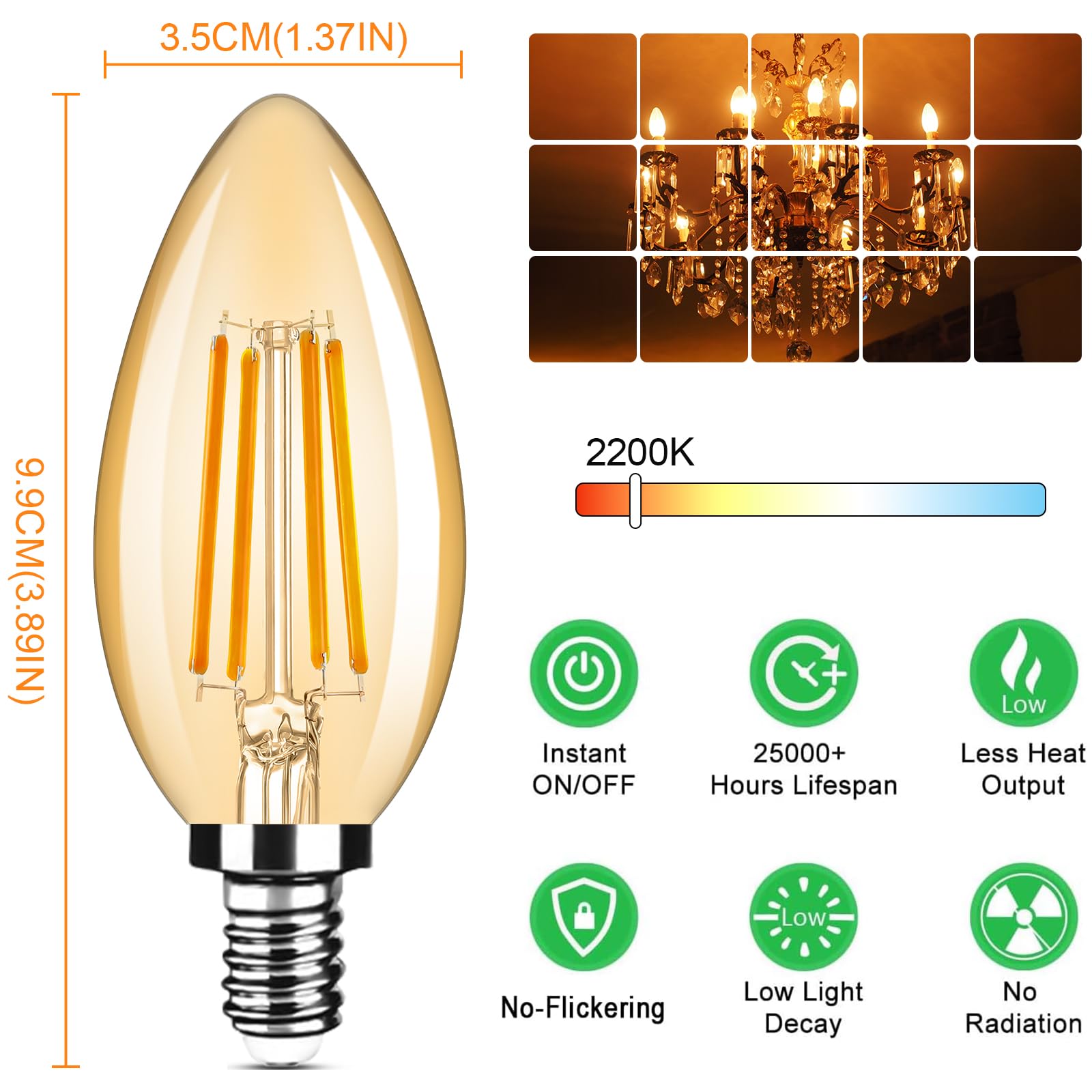 12-Pack Dimmable E12 Led Candelabra Bulbs 40Watt Equivalent, 2200K Amber Warm White, 380Lumens, 4W B11 Amber Chandelier Light Bu