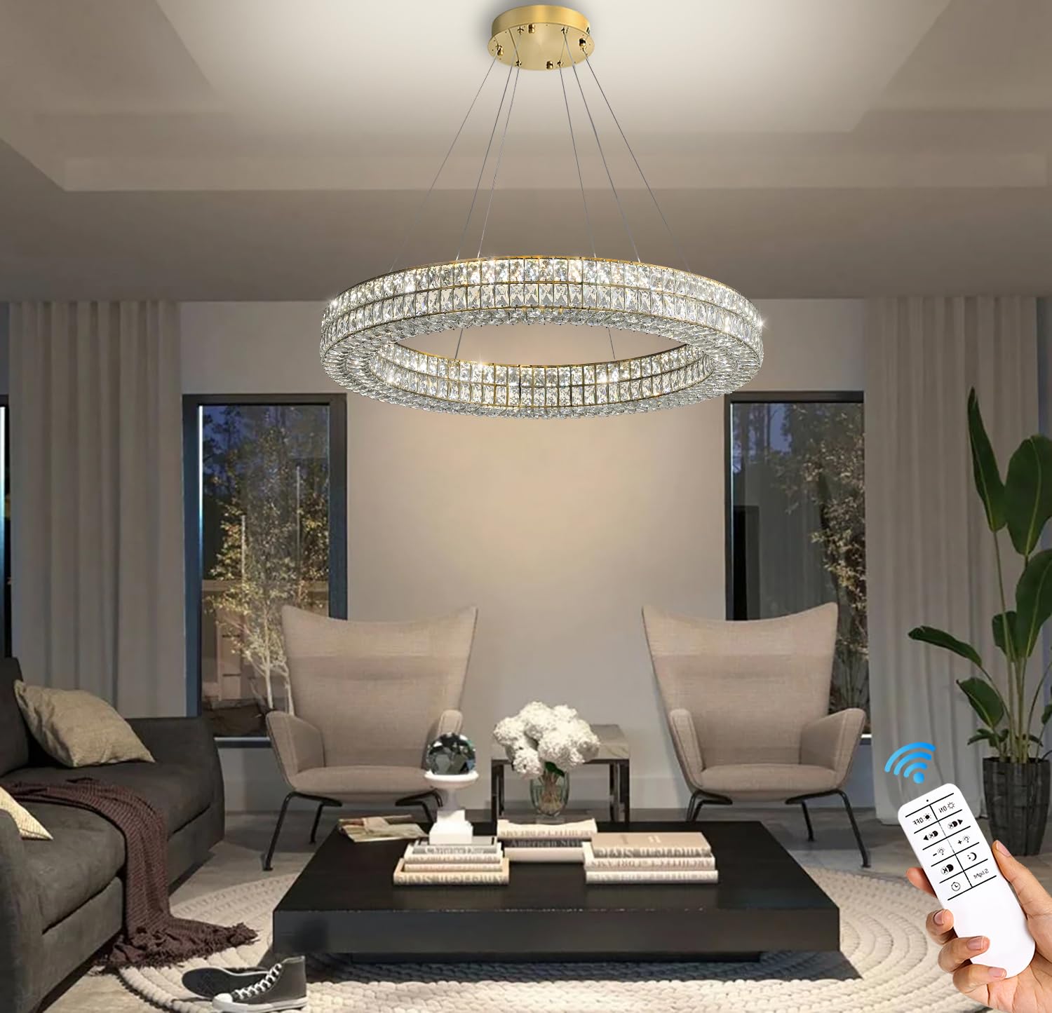 Idequy Led 32'' Gold Ring Crystal Chandelier, Modern Chandeliers Lighting And Hanging Ring Adjustable, Stainless Steel Ceiling L