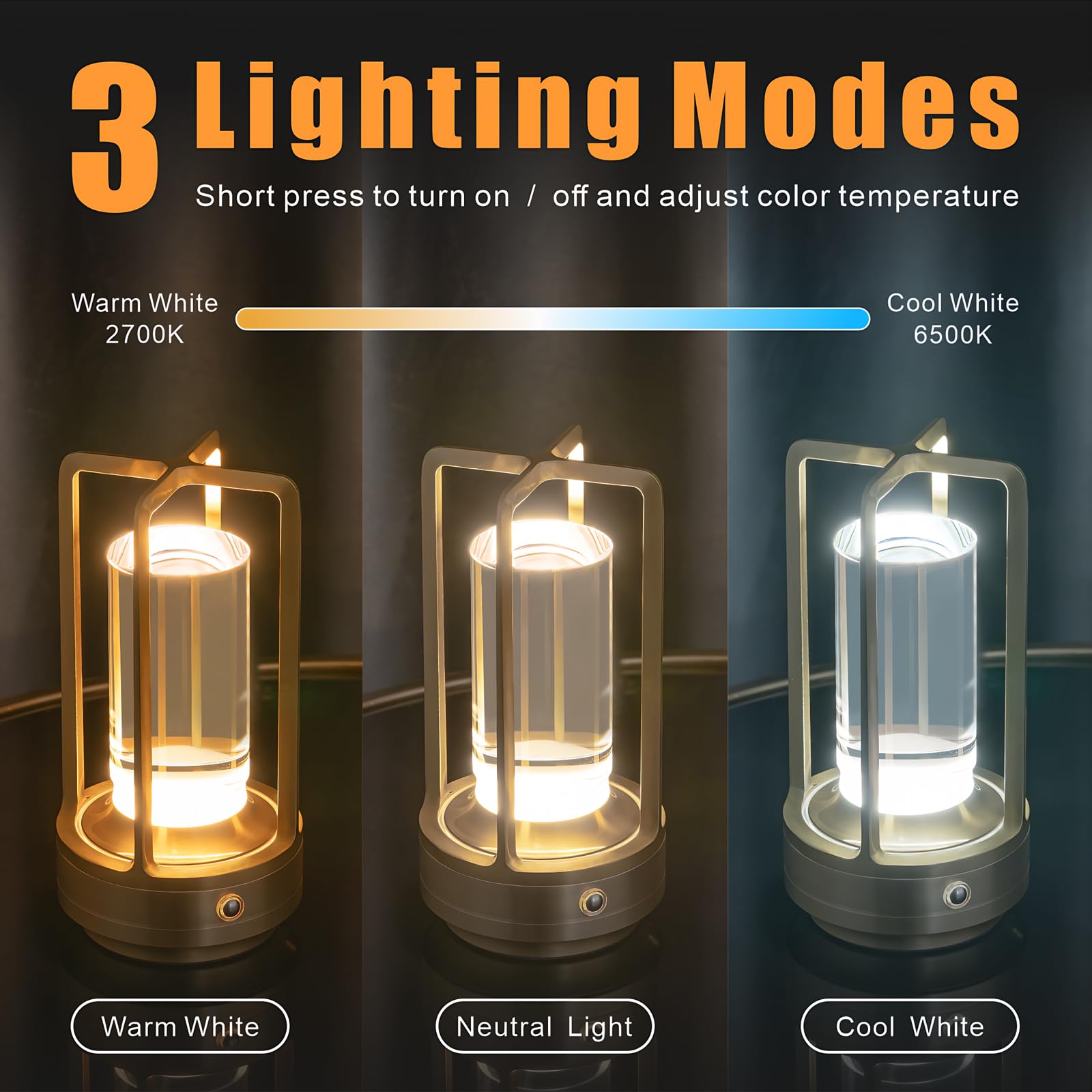 UMLAEN Rechargeable Table Lamp, Cordless, 3 Color, Stepless Dimming, Metal, Gold, 2 Pack, Model BG6004JS-A42P