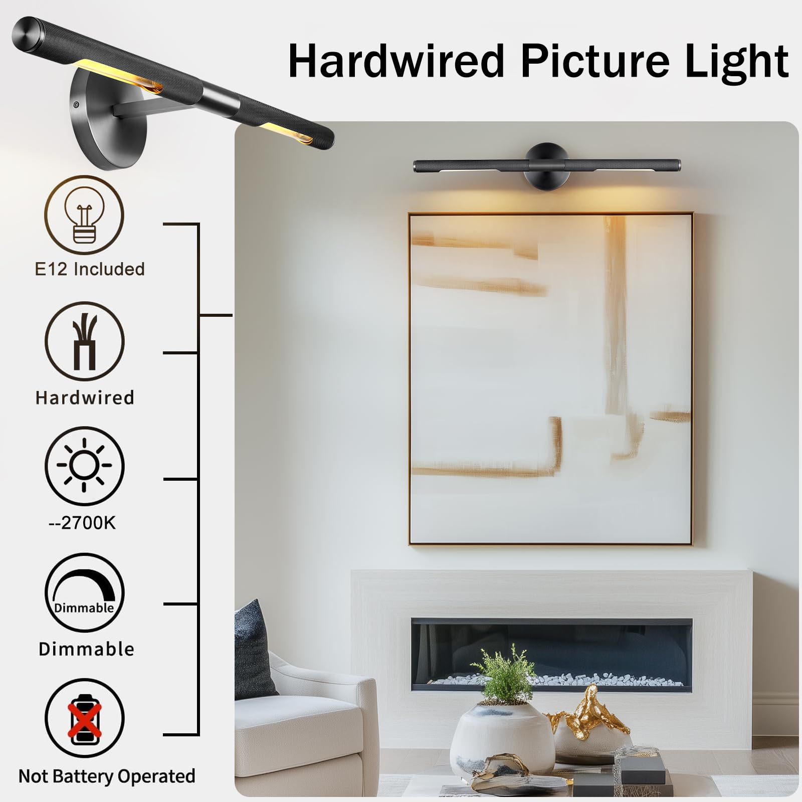 Hard-Wired Knurled Picture Light, 30In Black Picture Light For Wall, Dimmable Art Light, Rotatable 360 Picture Frame Light, Pain