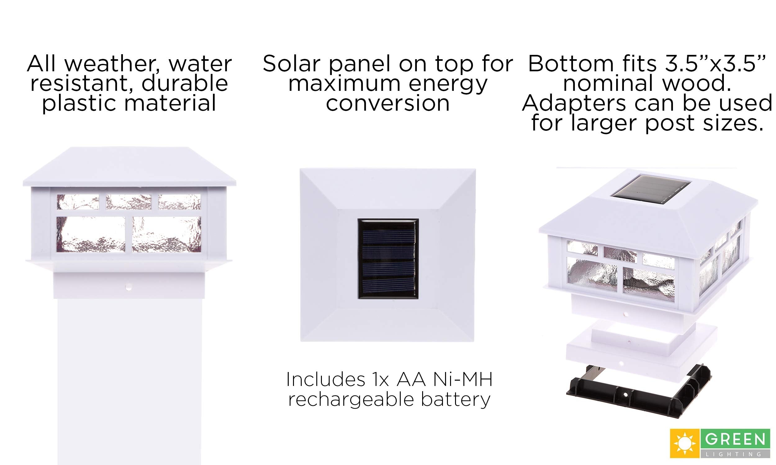 GreenLighting Solar Post Cap Lights, 4x4 & 5x5 PVC/Vinyl, Waterproof, Bright LED, White, 4 Pack, Model TN-1222605