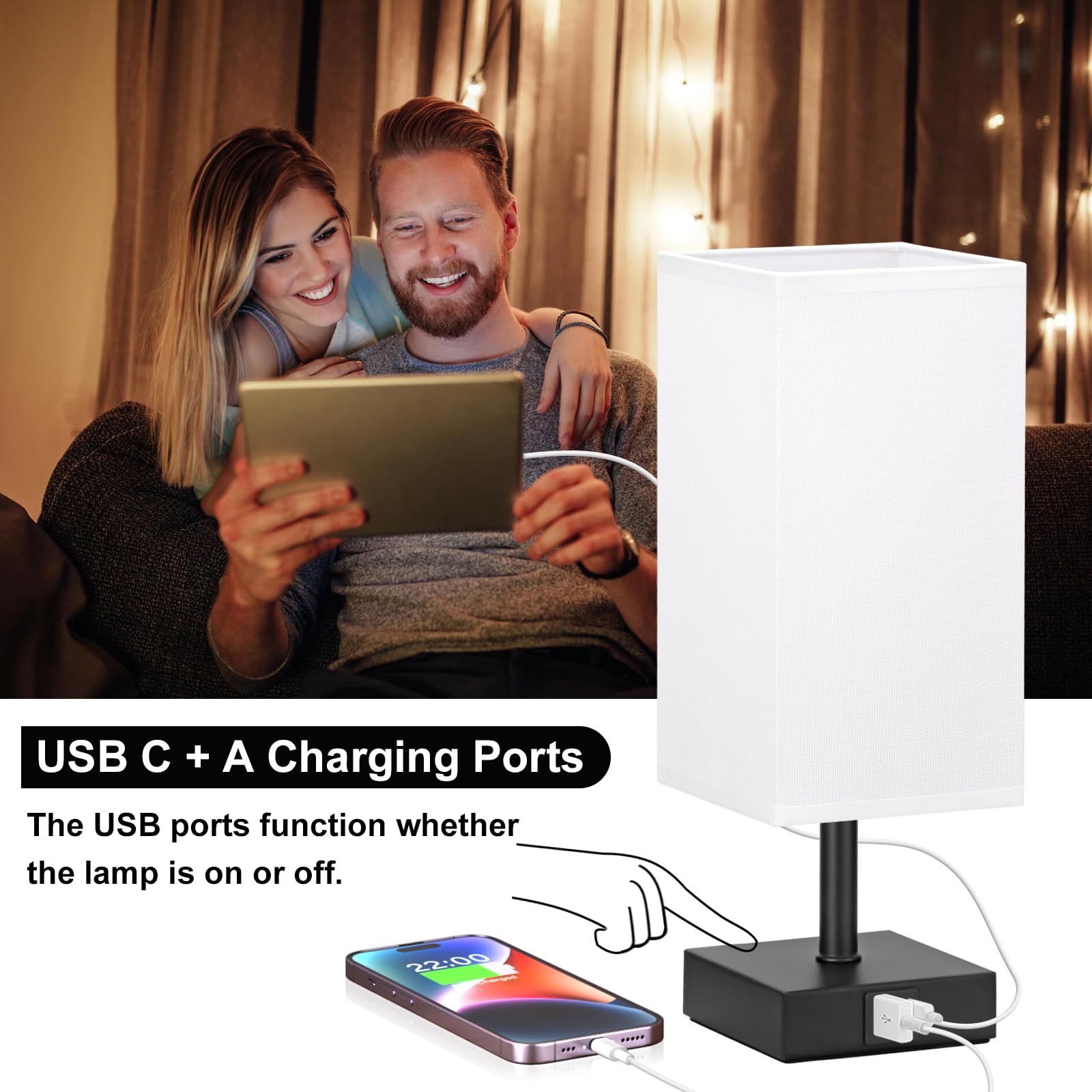 Ambimall Touch Control Table Lamp with USB A+C Ports, 13 inches, White Shade & Black Base, LED Bulb Included, Model RPT-fang1-7