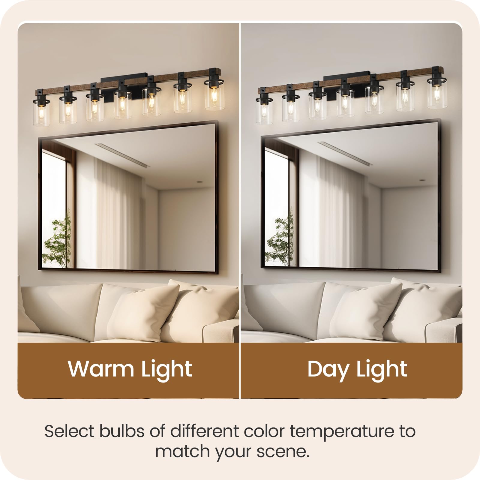 GOEBLESON 7-Light Bathroom Light Fixture, Rustic Metal Vanity Lights, F16BD05, Glass Shade, Rustic Brown + Black