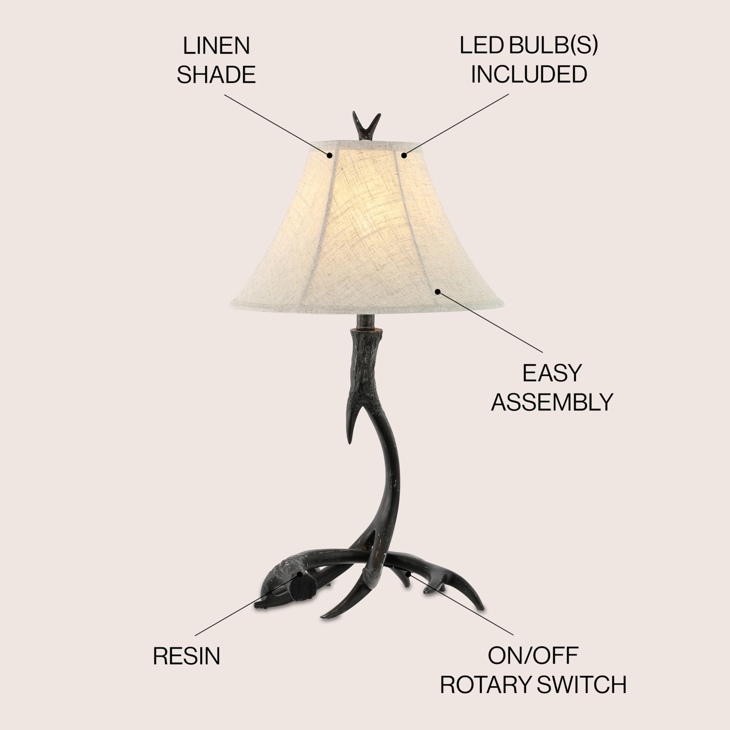 Jonathan Y Jyl6305C Antler 27.5'' Rustic Resin Led Table Lamp, Traditional For Bedroom, Living Room, Office, Kids Room, Entryway