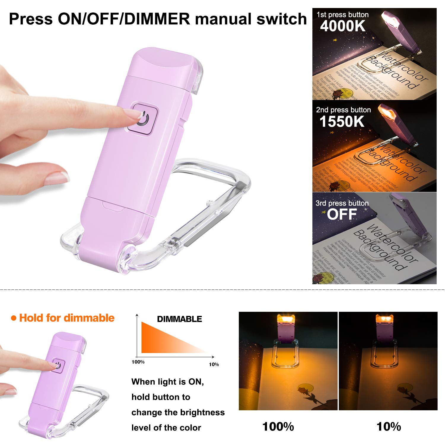 Rechargeable Book Reading Light For Kids,Clip On Led Book Light In Bed,Portable Bookmark Light With Brightness Adjustable For Ey