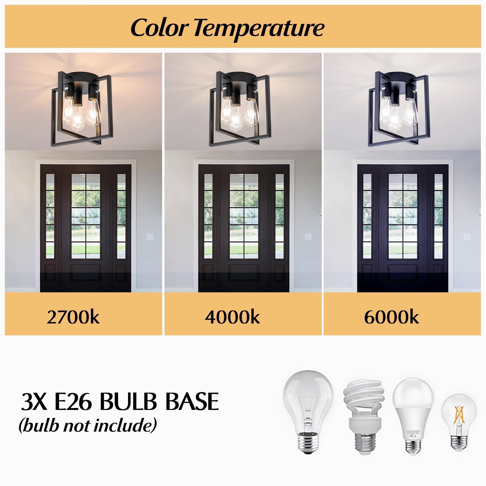 Leip 3-Light Ceiling Light Fixture, Semi-Flush Mount Light With Contemporary Geometric Metal Cage, Farmhouse Industrial Lighting