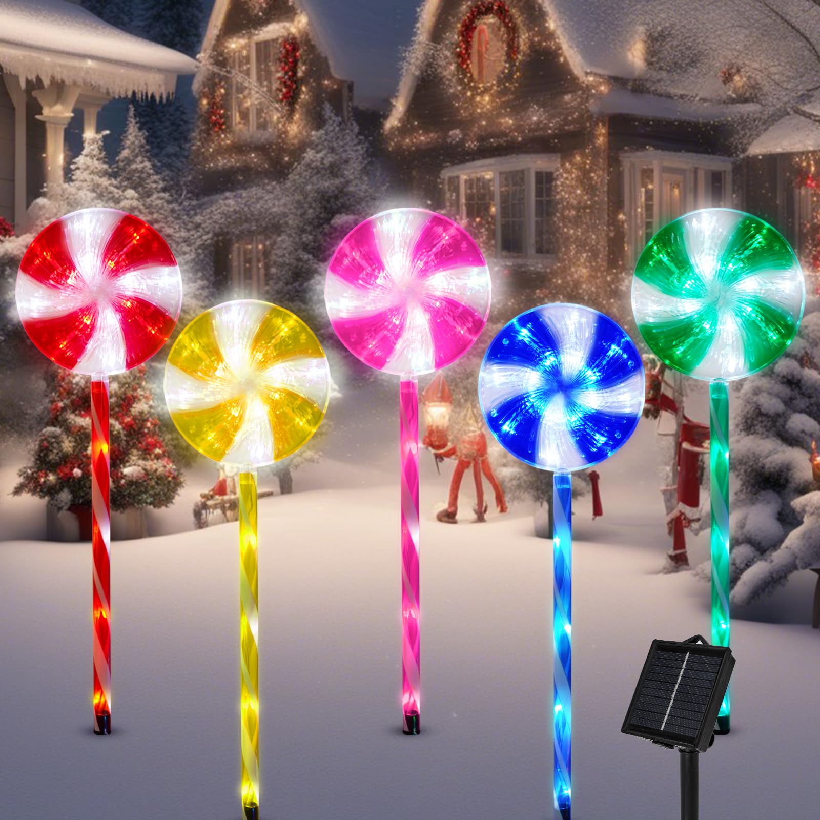 Outdoor Christmas Decorations Solar Pathway Lights, Set of 5 Lollipops Peppermint Stake Lights, 8 Modes Candy Cane Walkside Ligh