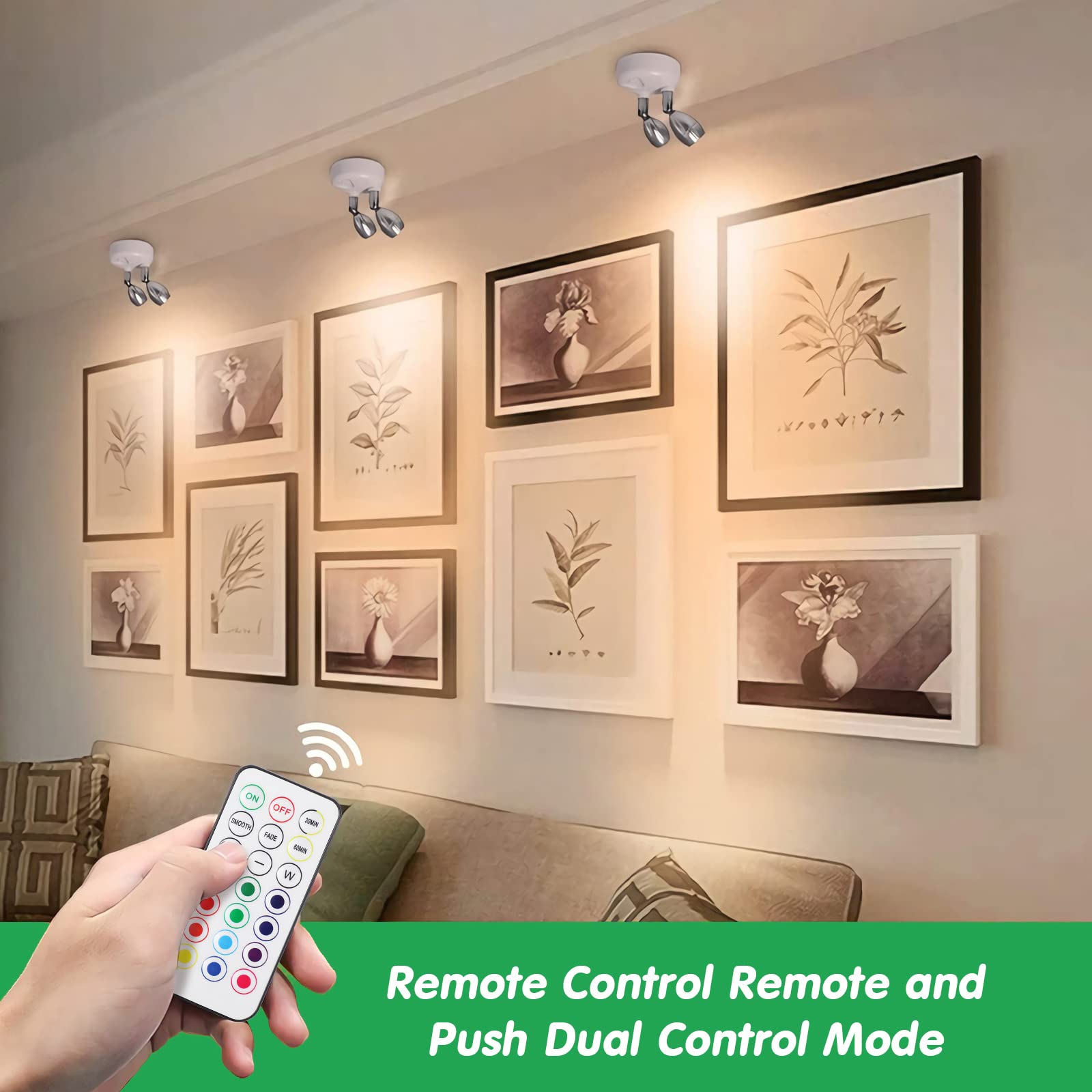 Honoson Dual Head Battery Operated Spotlights, Wireless RGB LED Accent Lights, 13 Colors, Rotatable, White, Model TT-lights-0722n7xo