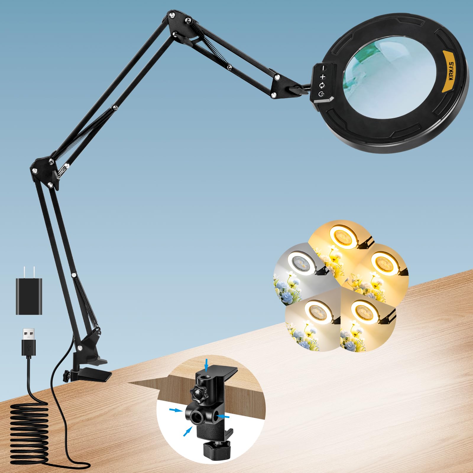 Kirkas 12X Magnifying Glass With Light Large Clamp, Real Glass Lens Lighted Magnifying Lamp, 3 Section Swing Arm And 5 Color Mod