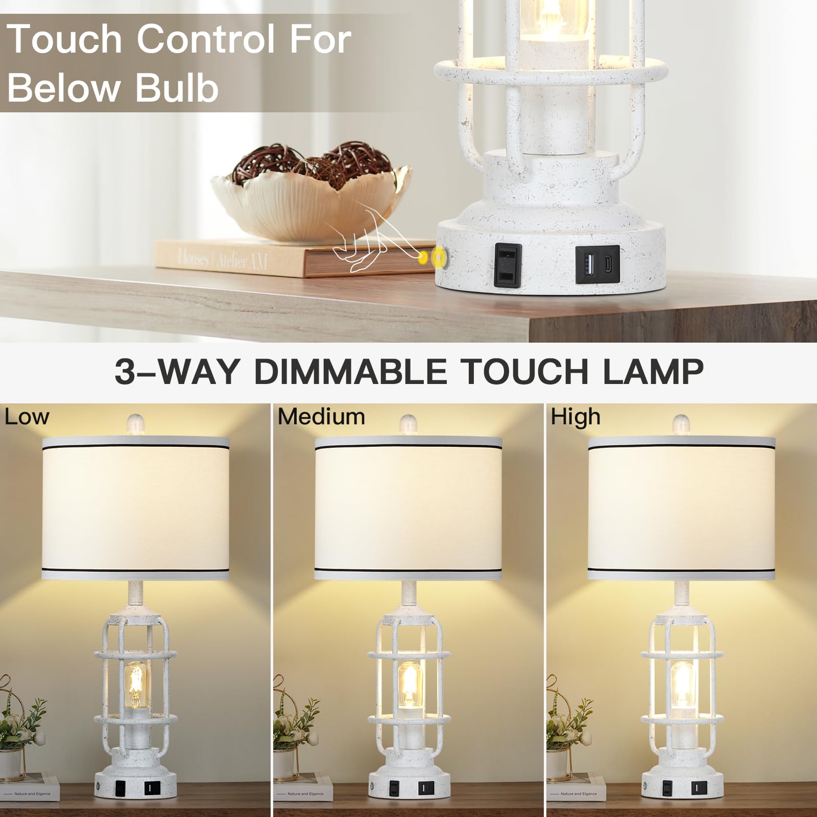 Farmhouse Lamps Set Of 2, White Vintage Rustic Industrial Lamps With Usb A+C Charging Ports & Ac Outlet, 3 Way Dimmable Touch Co