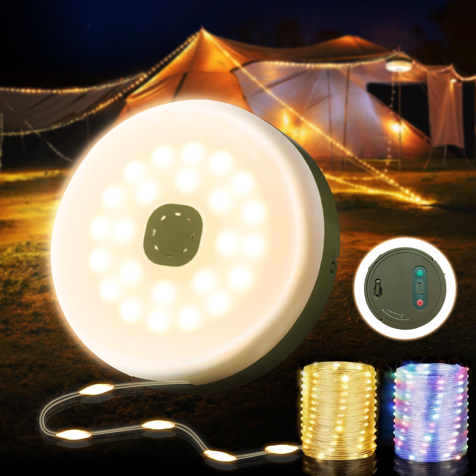 KUQIHUG Camping String Lights, 32.8FT Rechargeable LED Lamp, 8 Modes, Waterproof, Green/White, Model HYLN-IMR 18650-1800