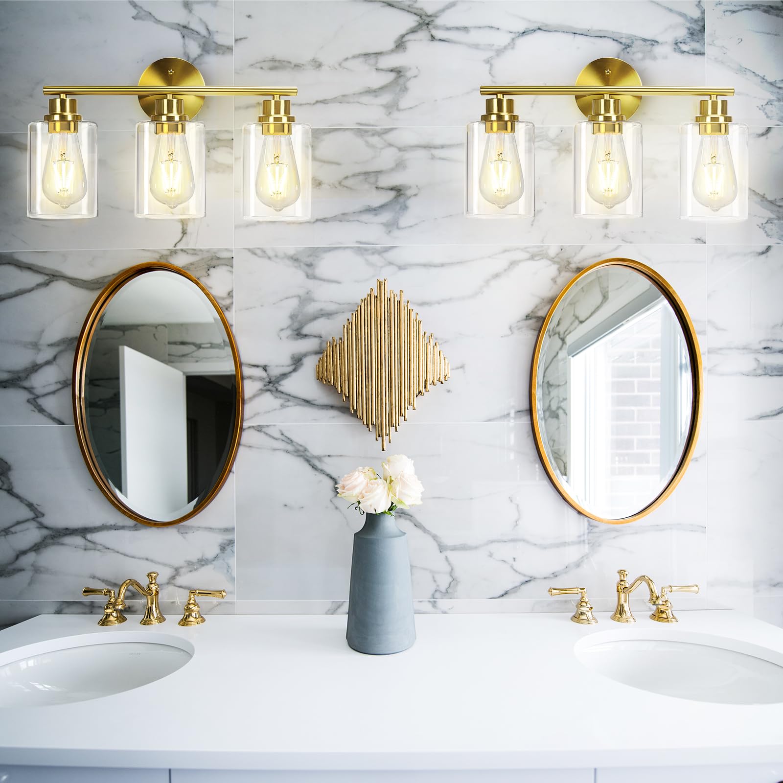 3-Light Brushed Gold Bathroom Vanity Lighting Fixtures Over Mirror, Modern Wall Sconces With Clear Glass Shade, Wall Mounted Lamp For Bedroom Hallway Living Room Kitchen,Bulb Not Included