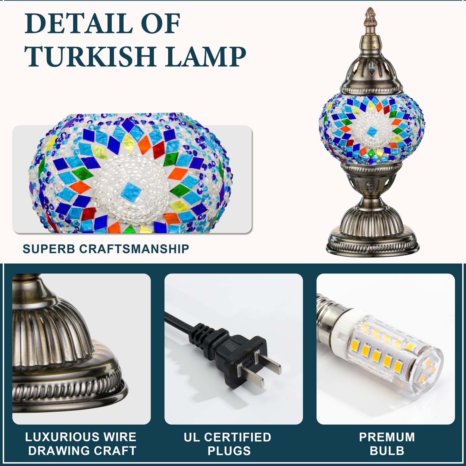 Marrakech Turkish Table Lamp, Handmade Blue Mosaic Glass, Includes LED Bulb, Small Size, Model YMA400-TH01-TowerA-Blue